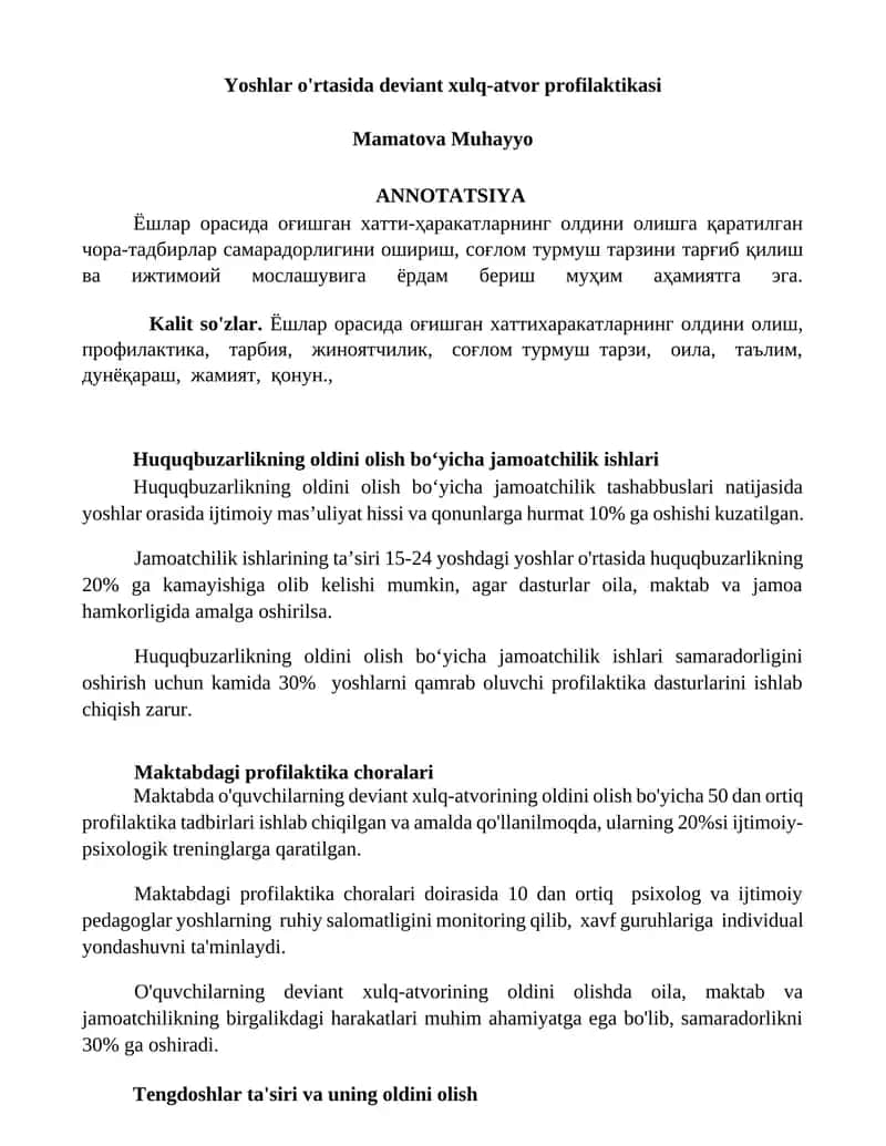 Yoshlar o'rtasida deviant xulq-atvor profilaktikasi