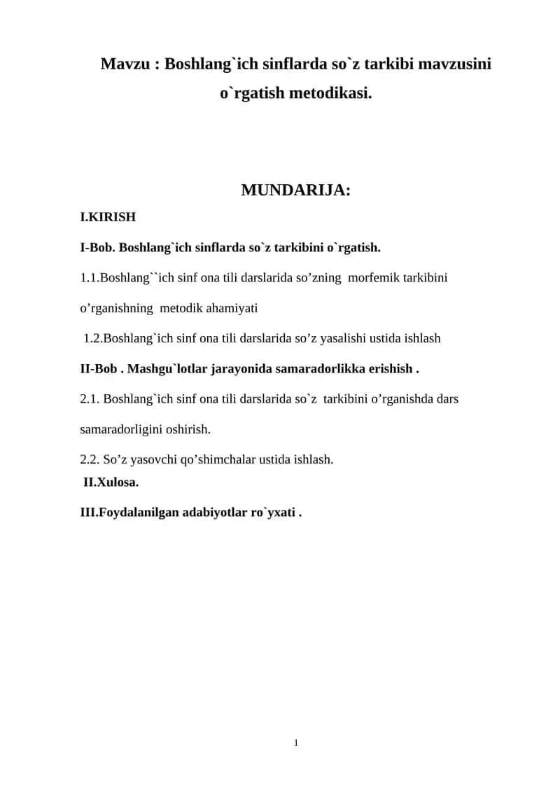 Boshlang`ich sinflarda so`z tarkibi mavzusini o`rgatish metodikasi.