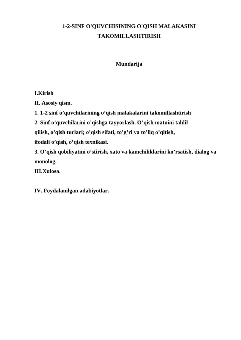 1-2-SINF O'QUVCHISINING O'QISH MALAKASINI TAKOMILLASHTIRISH