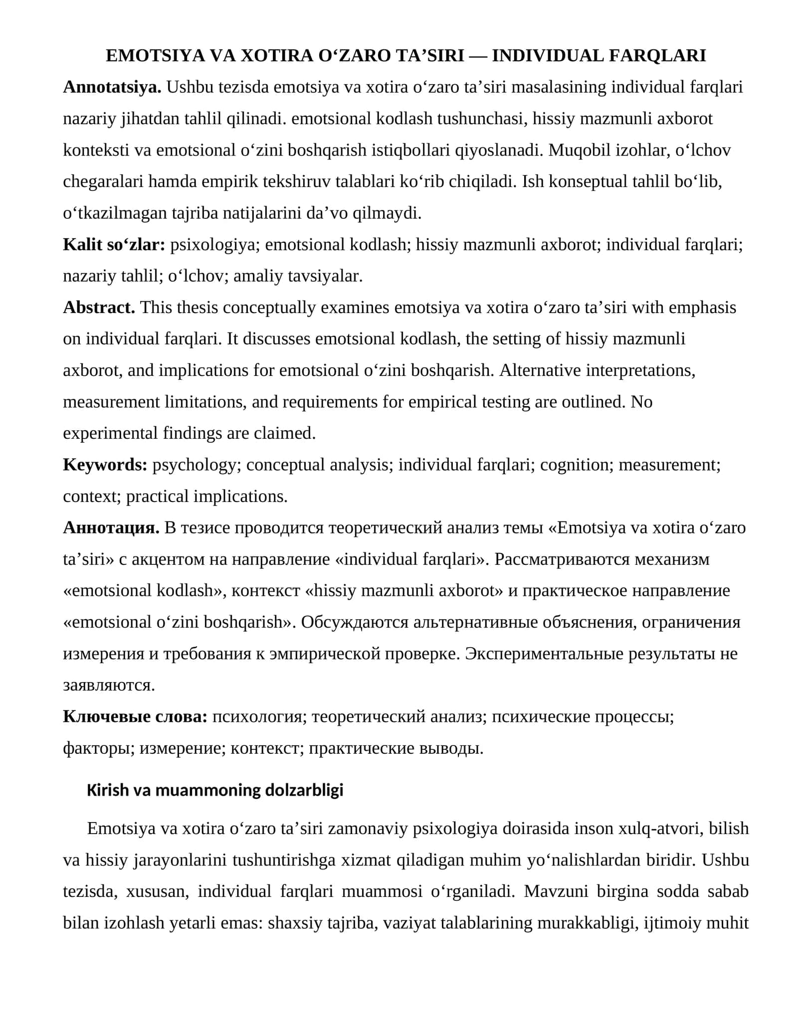 Emotsiya va xotira o‘zaro ta’siri — individual farqlari