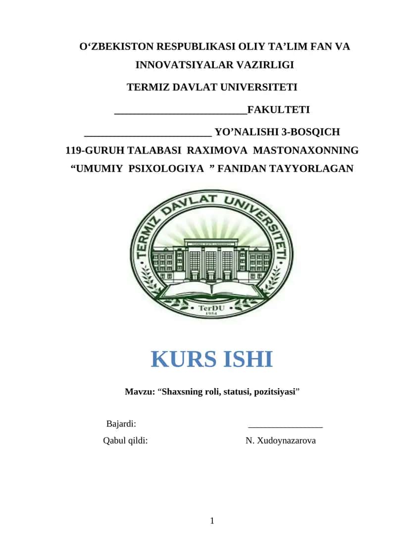 “UMUMIY PSIXOLOGIYA ” KURS ISHI