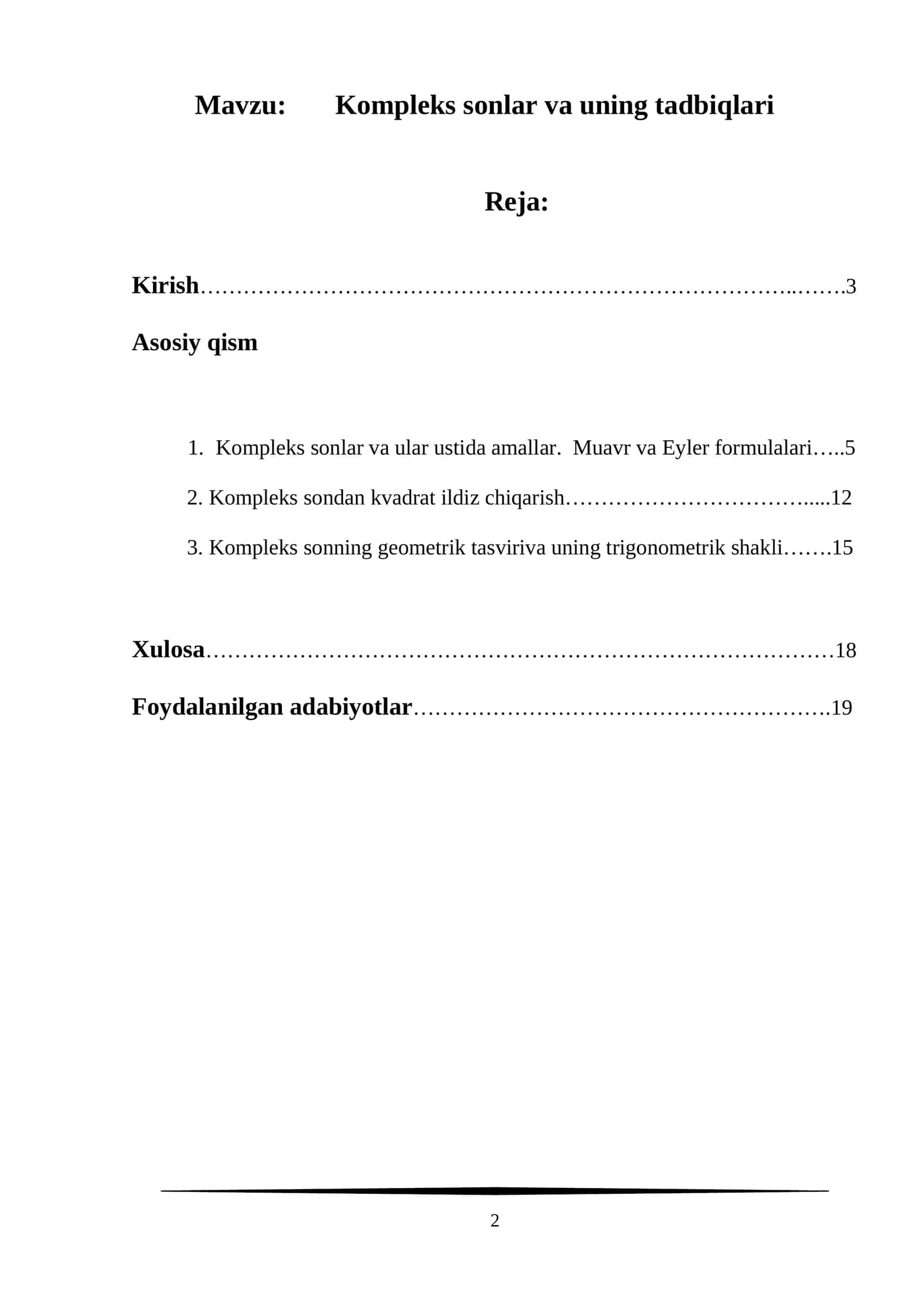 Kompleks sonlar va uning tadbiqlari