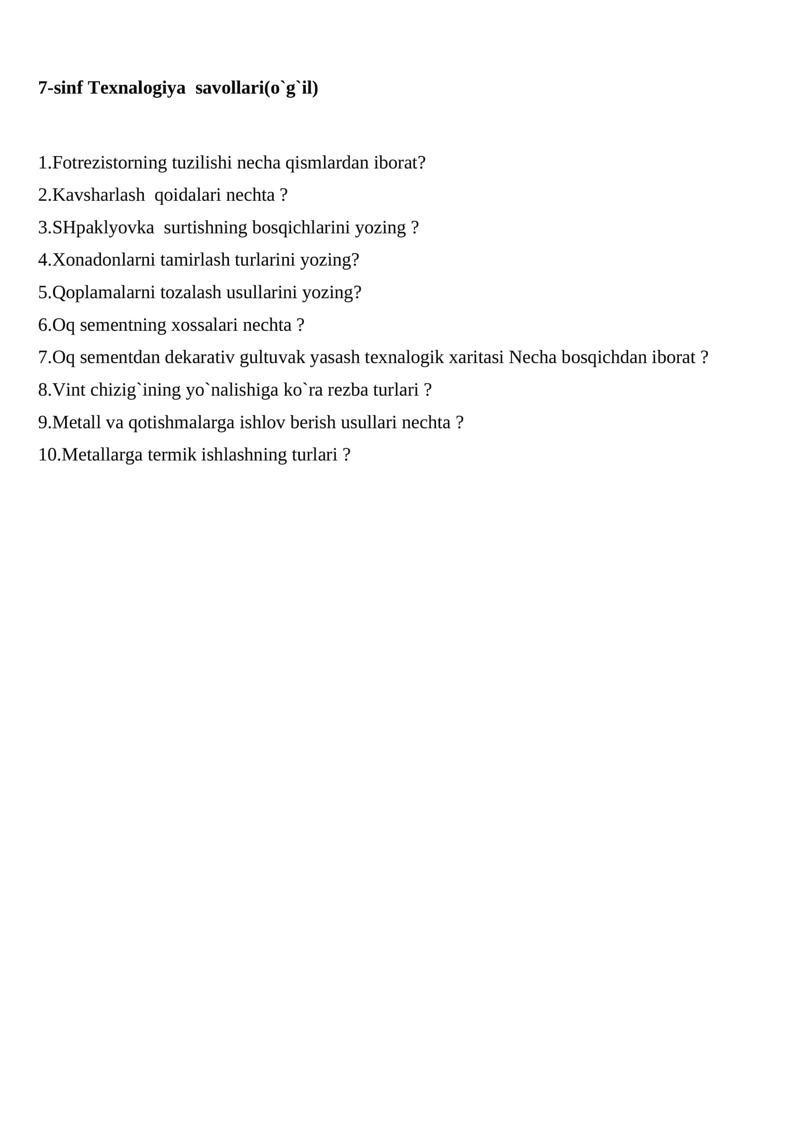 7-sinf Texnalogiya savollari(o`g`il)