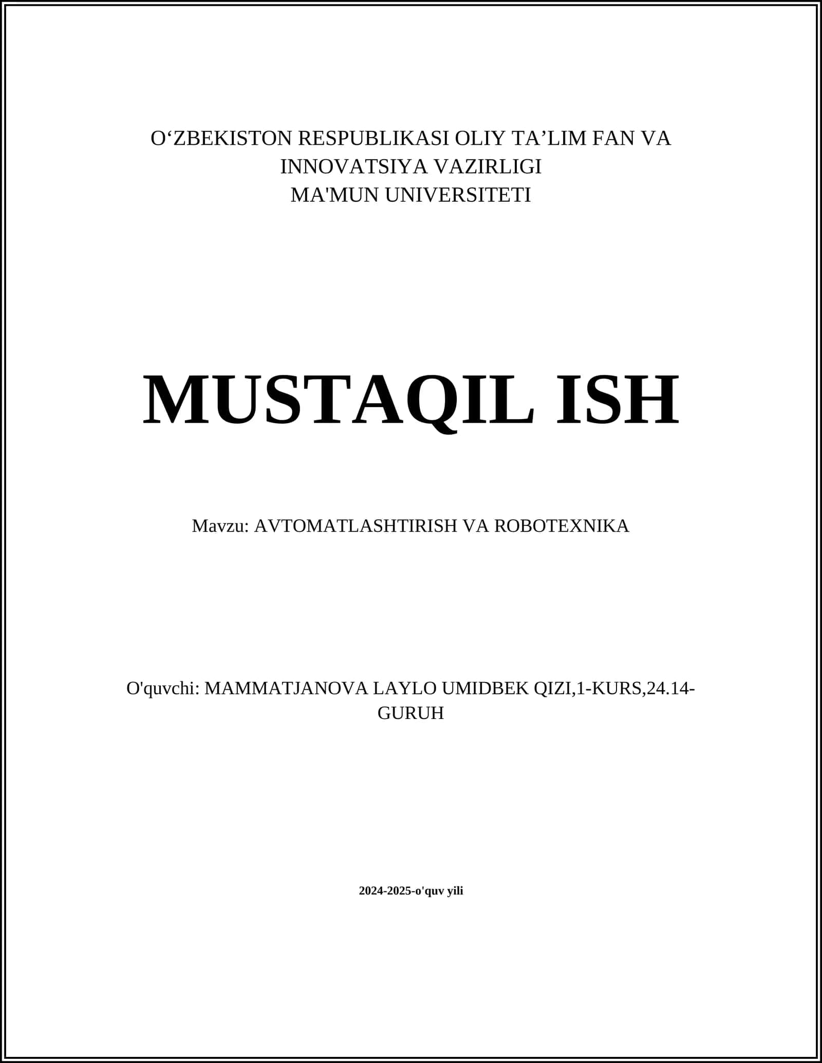 AVTOMATLASHTIRISH VA ROBOTEXNIKA