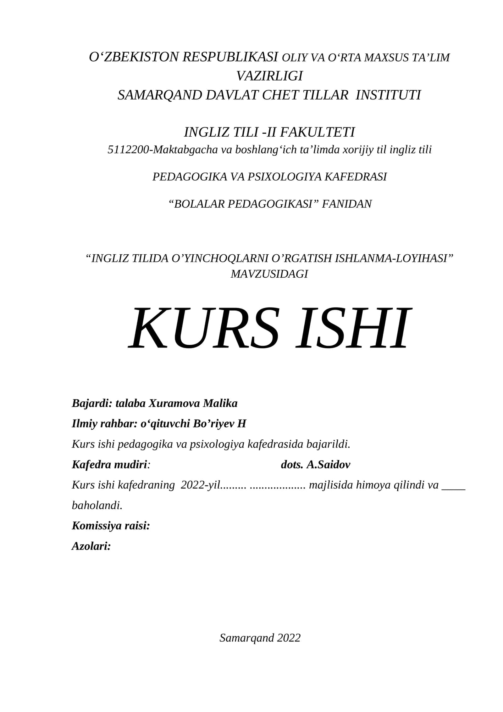 INGLIZ TILIDA O’YINCHOQLARNI O’RGATISH ISHLANMA-LOYIHASI