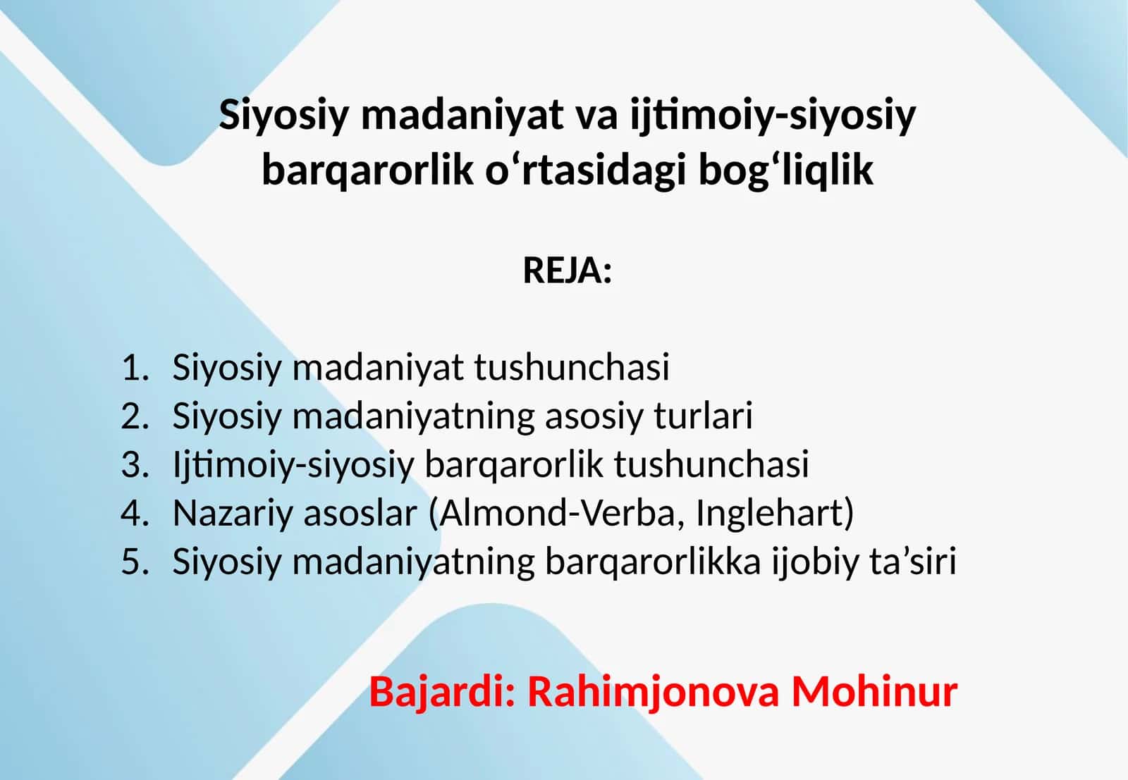 Siyosiy madaniyat va ijtimoiy-siyosiy barqarorlik o‘rtasidagi bog‘liqlik