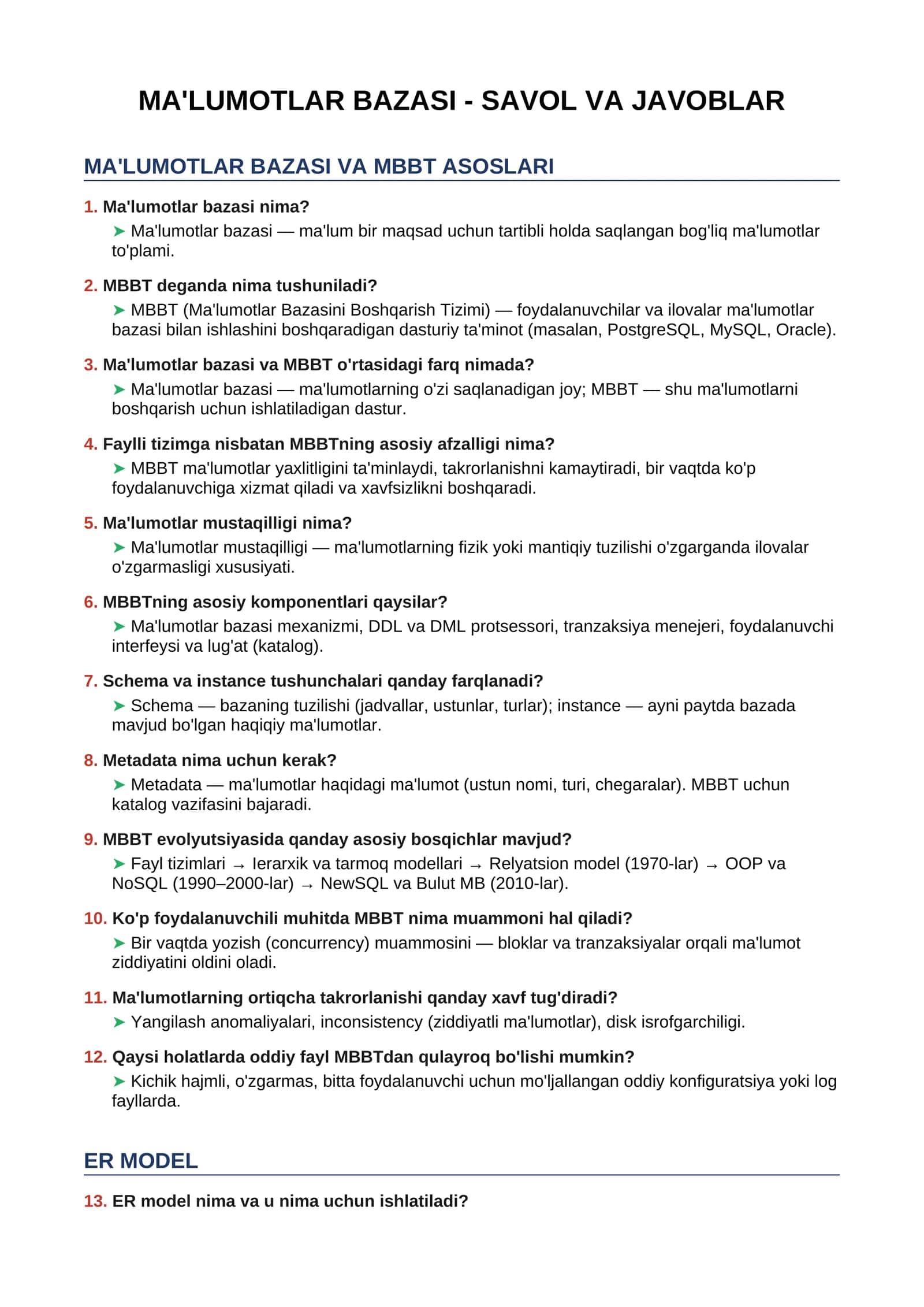 MA'LUMOTLAR BAZASI - SAVOL VA JAVOBLAR