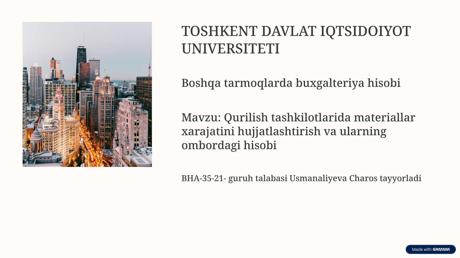 Qurilish tashkilotlarida materiallar xarajatini hujjatlashtirish va ularning ombordagi hisobi
