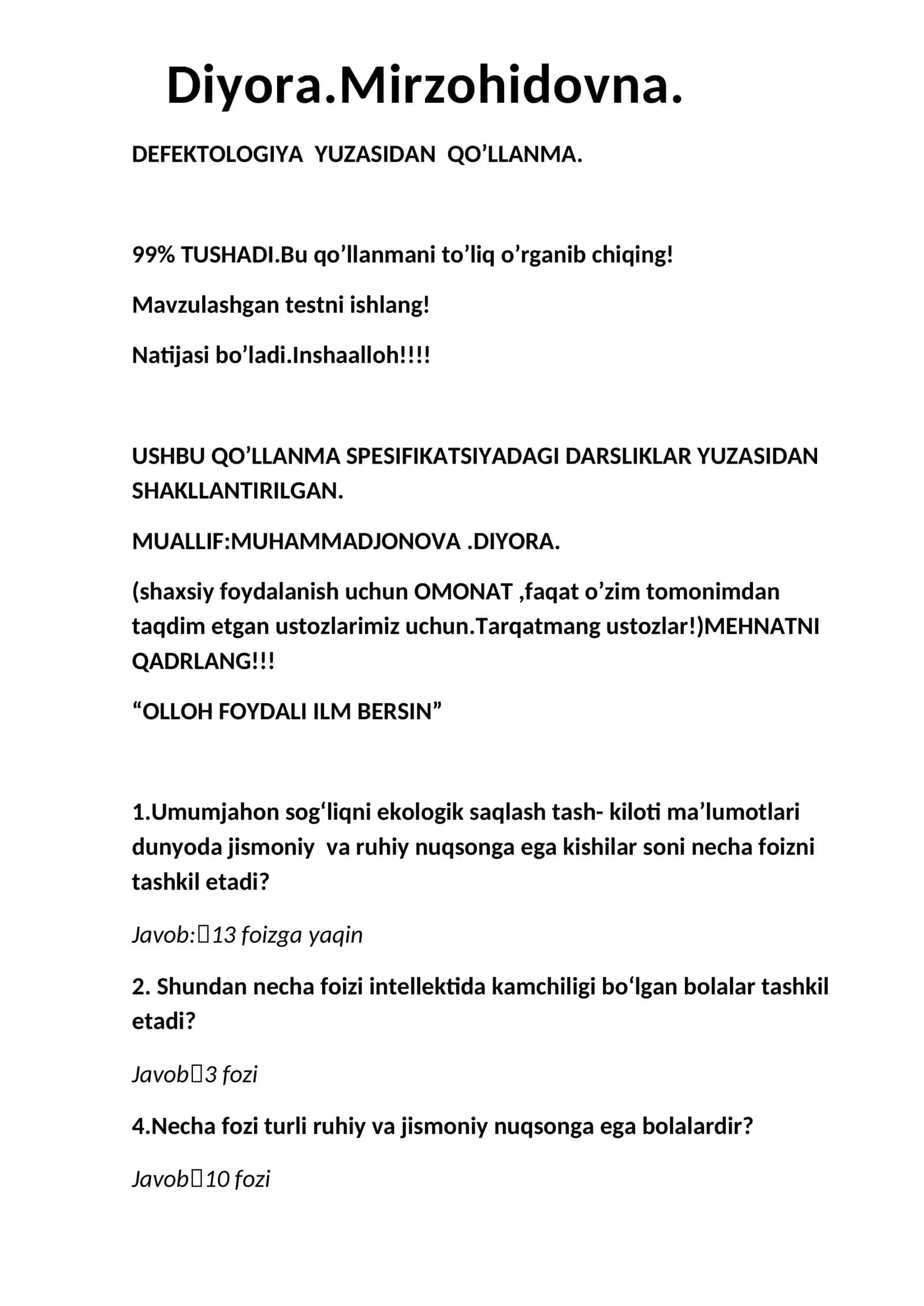 DEFEKTOLOGIYA YUZASIDAN QO’LLANMA