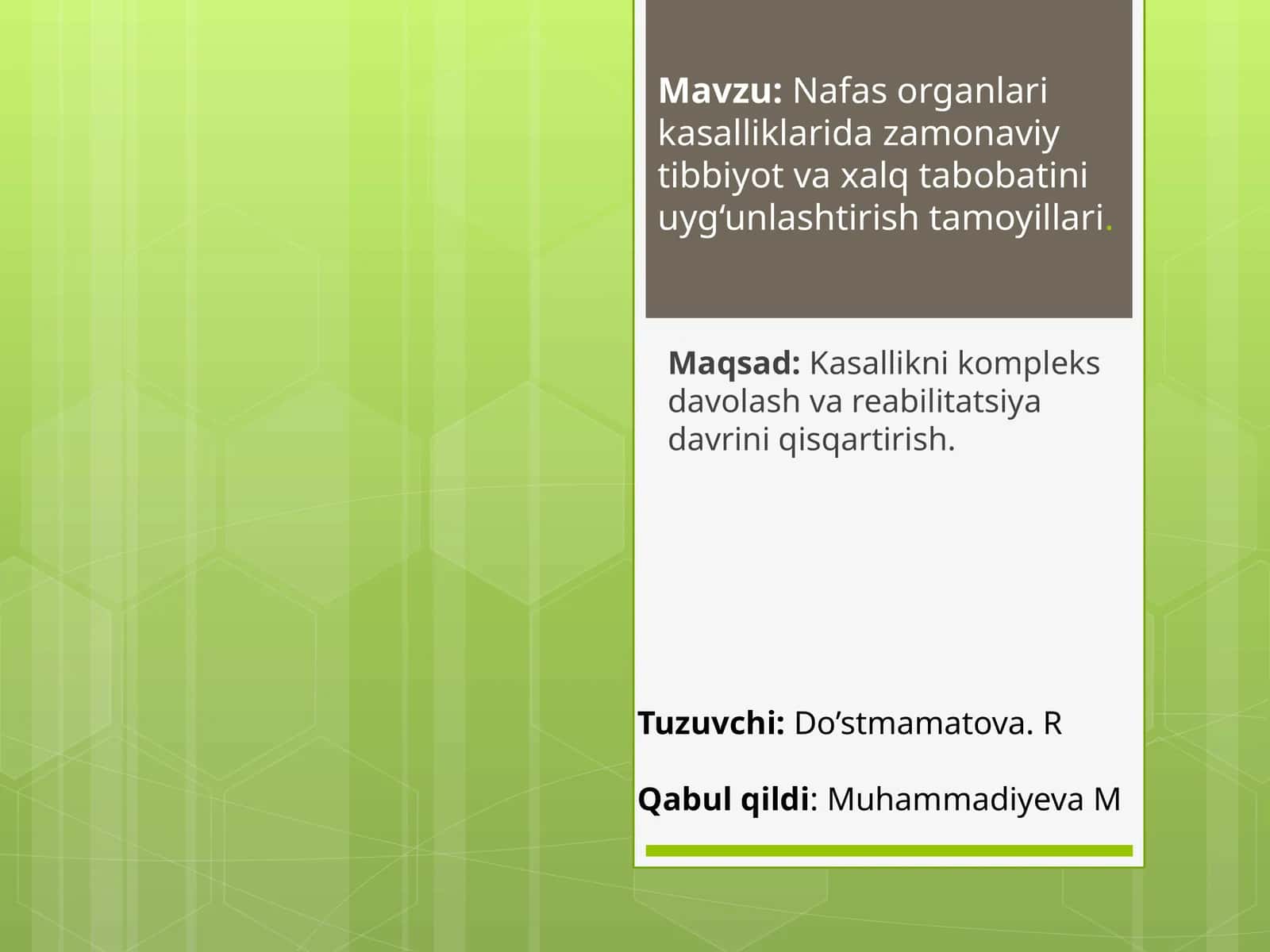 Nafas organlarikasalliklari daza mo 'mavziy tibbiy ot va xalq tabobati ni uygunlash tiri sh t amoyillari