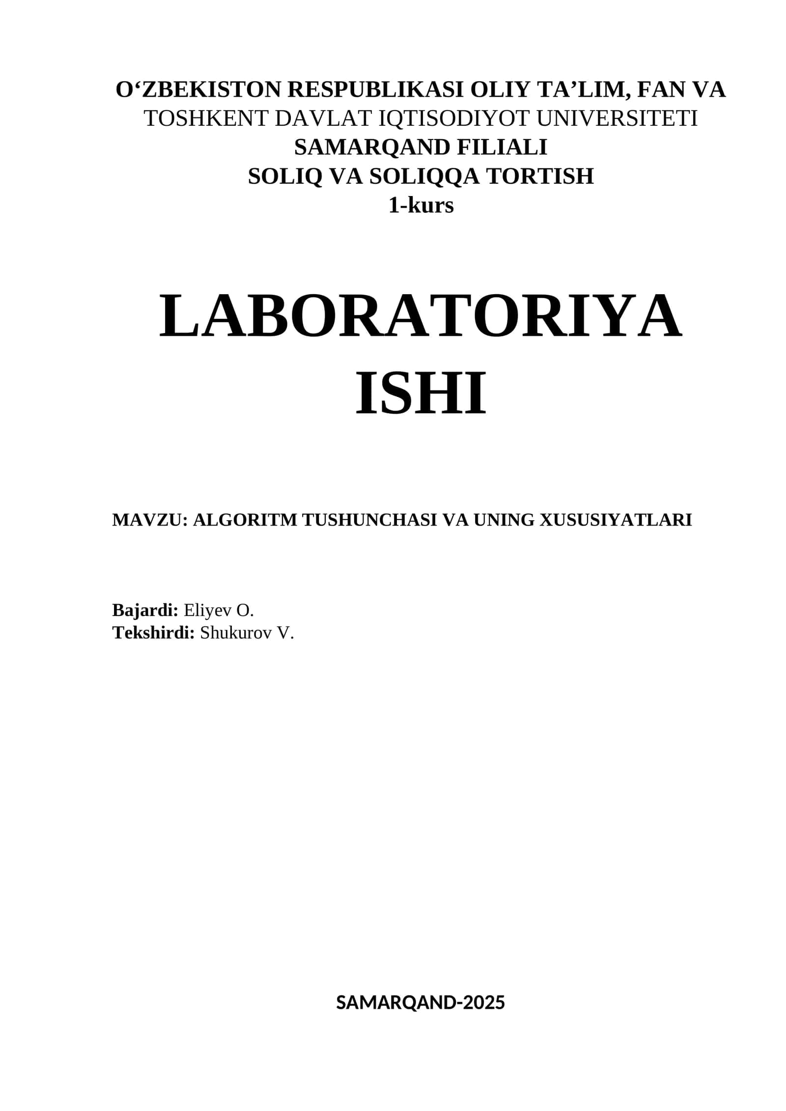 ALGORITM TUSHUNCHASI VA UNING XUSUSIYATLARI