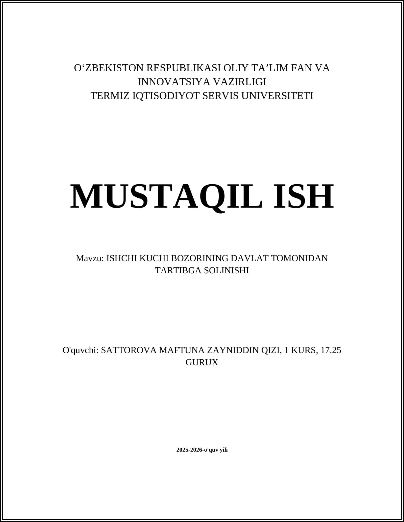 ISHCHI KUCHI BOZORINING DAVLAT TOMONIDAN TARTIBGA SOLINISHI