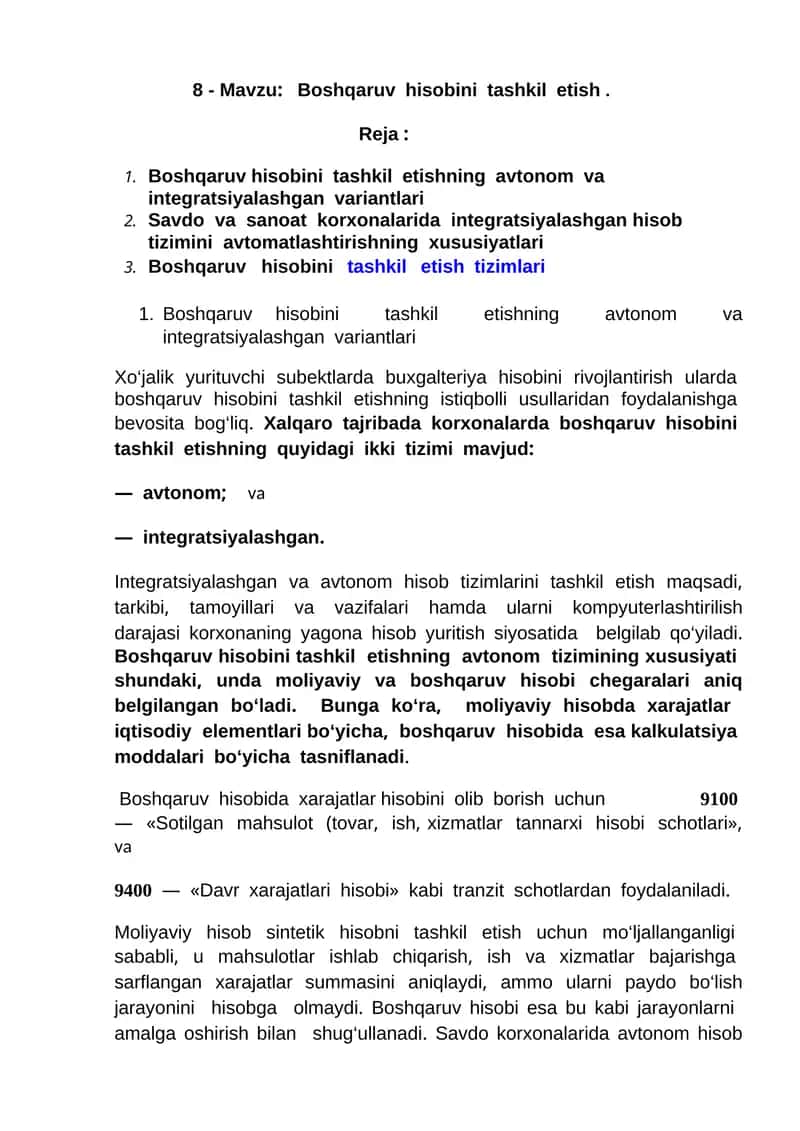 Boshqaruv hisobini tashkil etish