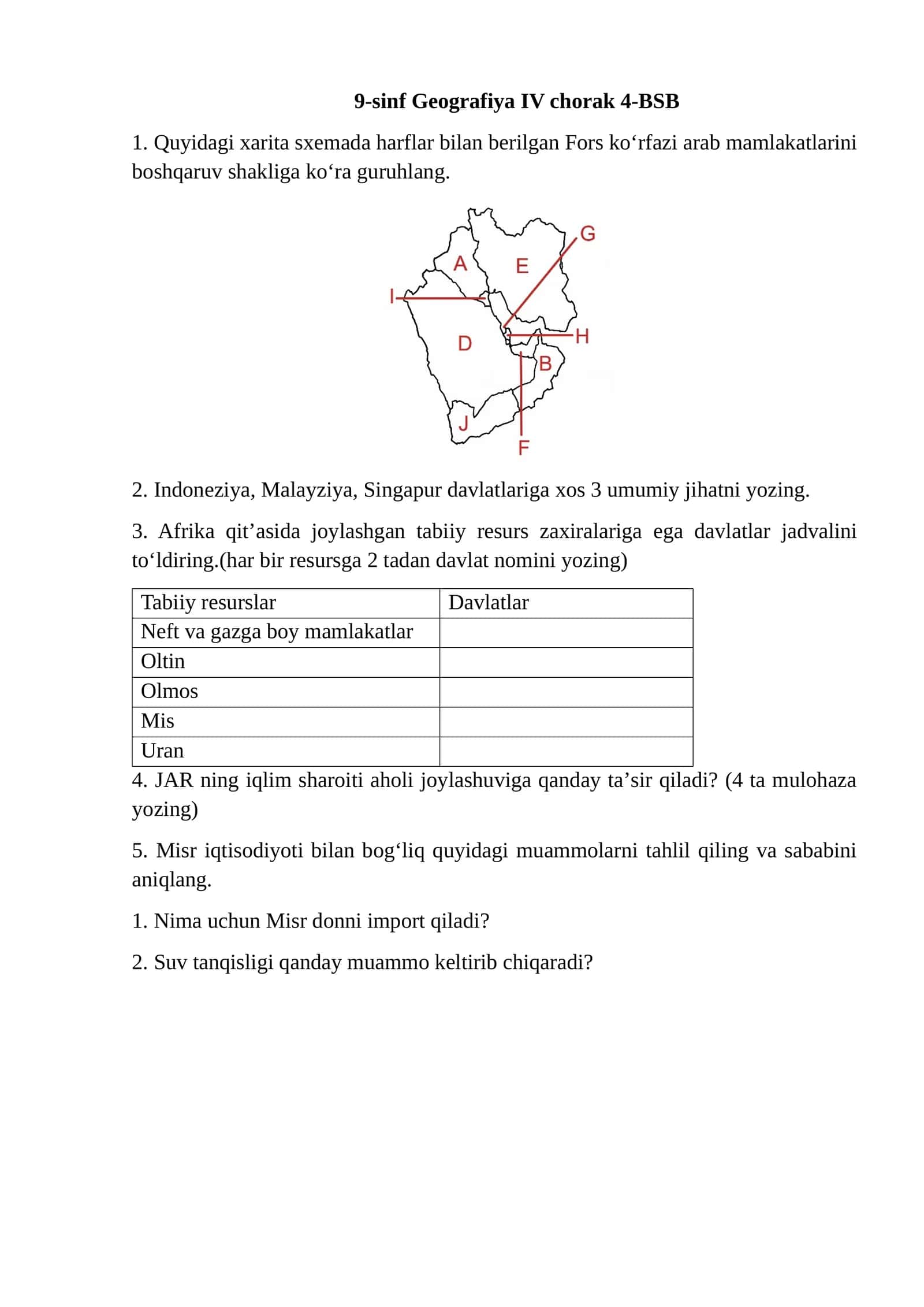 9-sinf Geografiya IV chorak 4-BSB