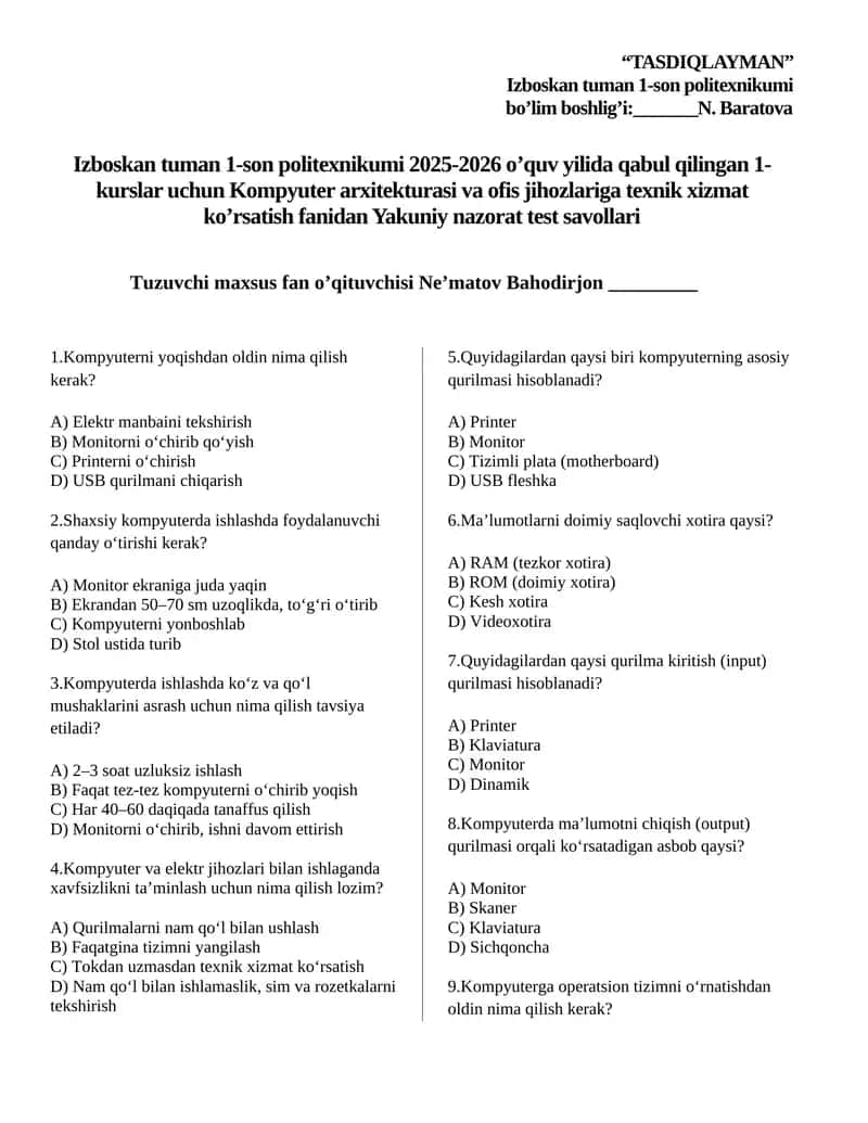 Kompyuter arxitekturasi Yakuniy nazorat