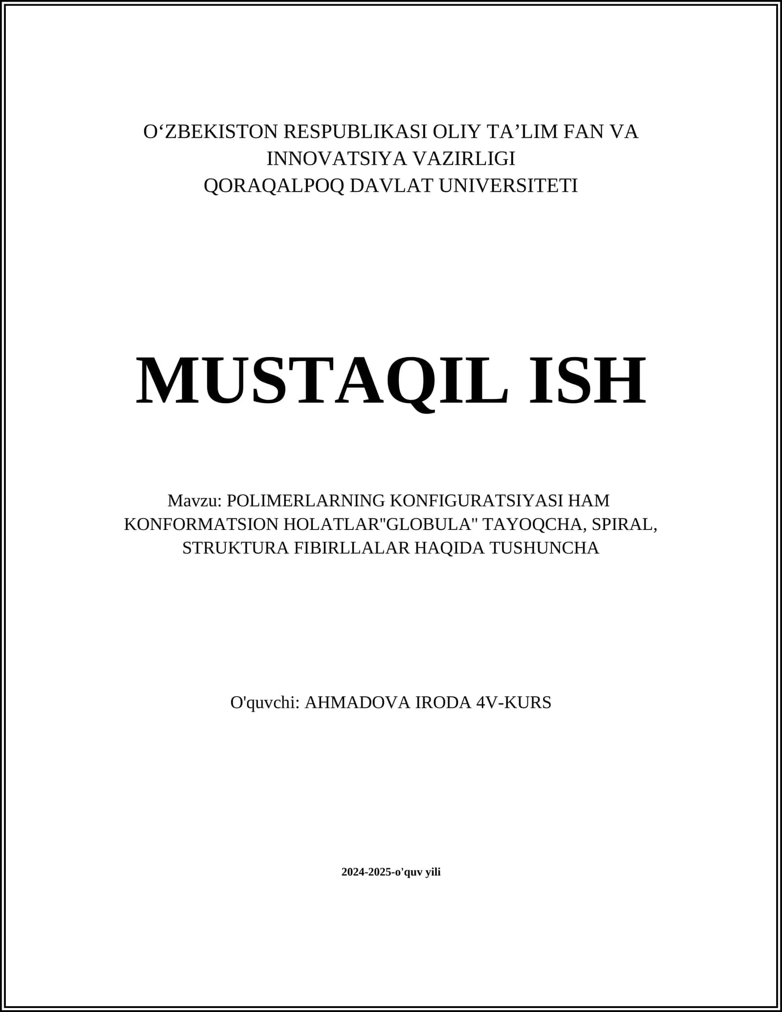 POLIMERLARNING KONFIGURATSIYASI HAM KONFORMATSION HOLATLAR