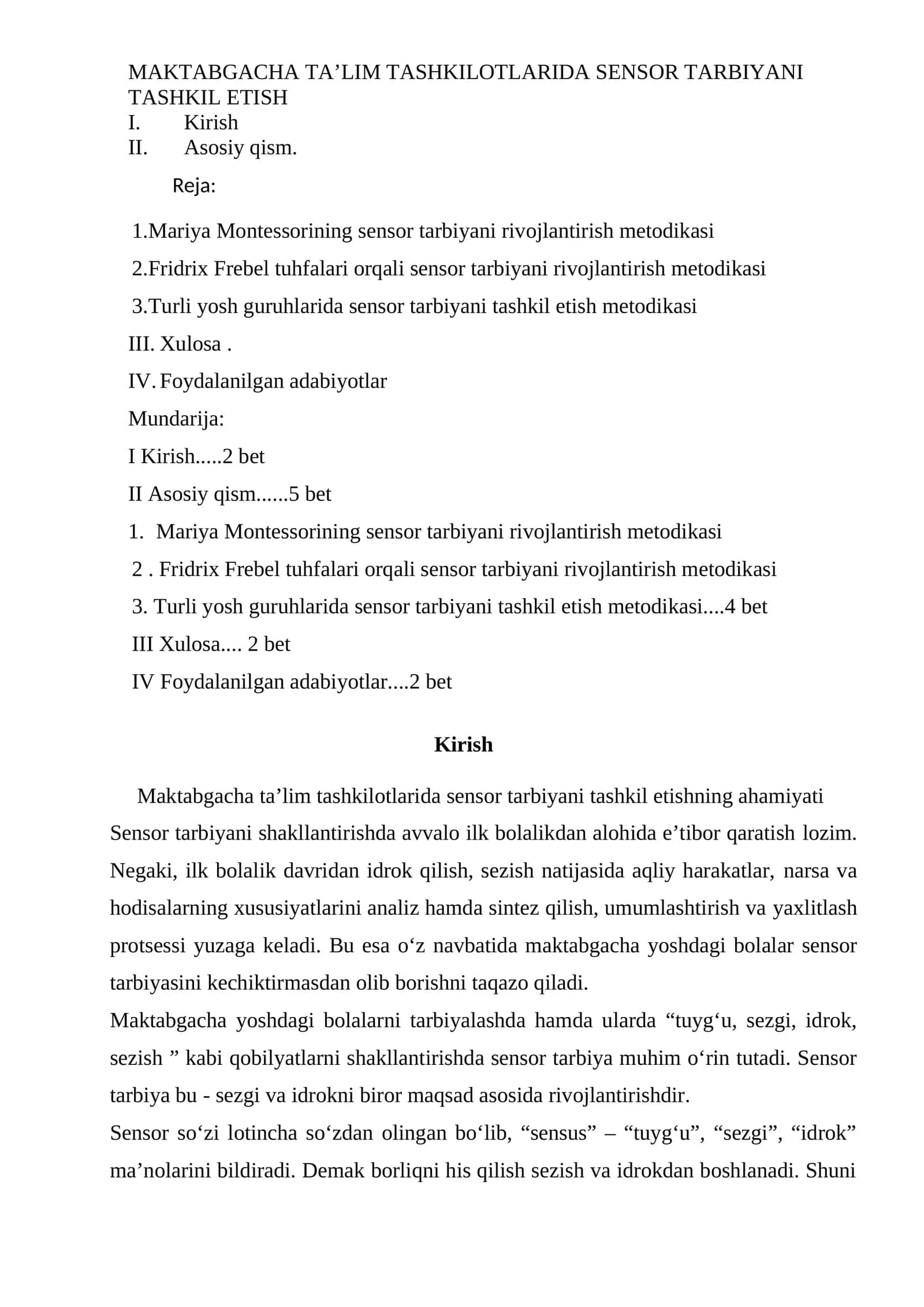 Sensor tarbiyaning tashkili
