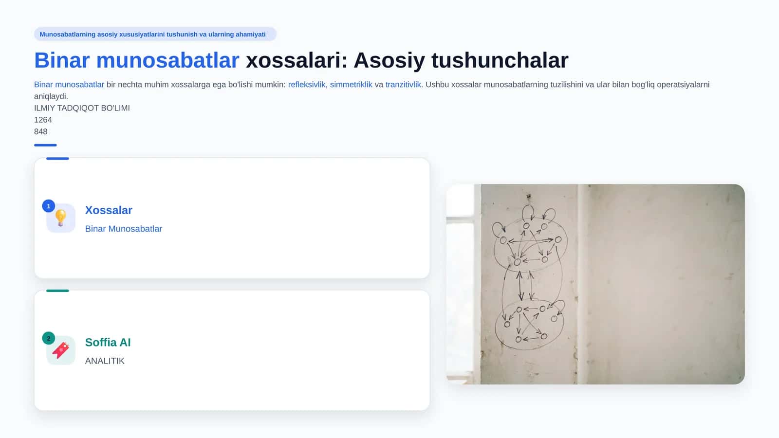 İkki tòplam elementlari orasidagi moslik. Binar munosabatlar va ularning xossalari