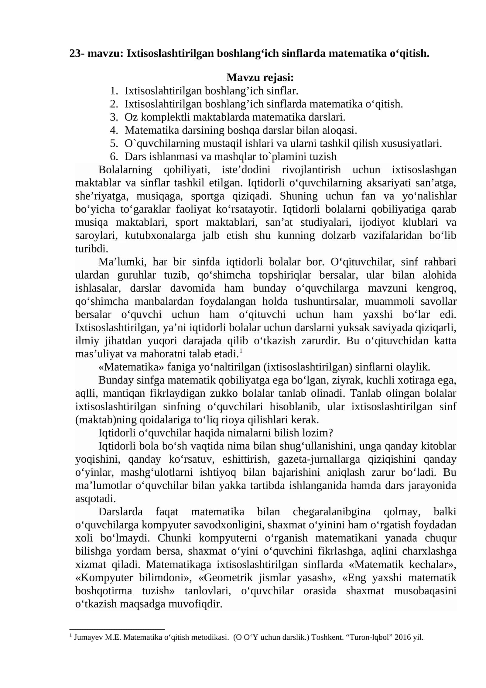 Ixtisoslashtirilgan boshlang‘ich sinflarda matematika o‘qitish