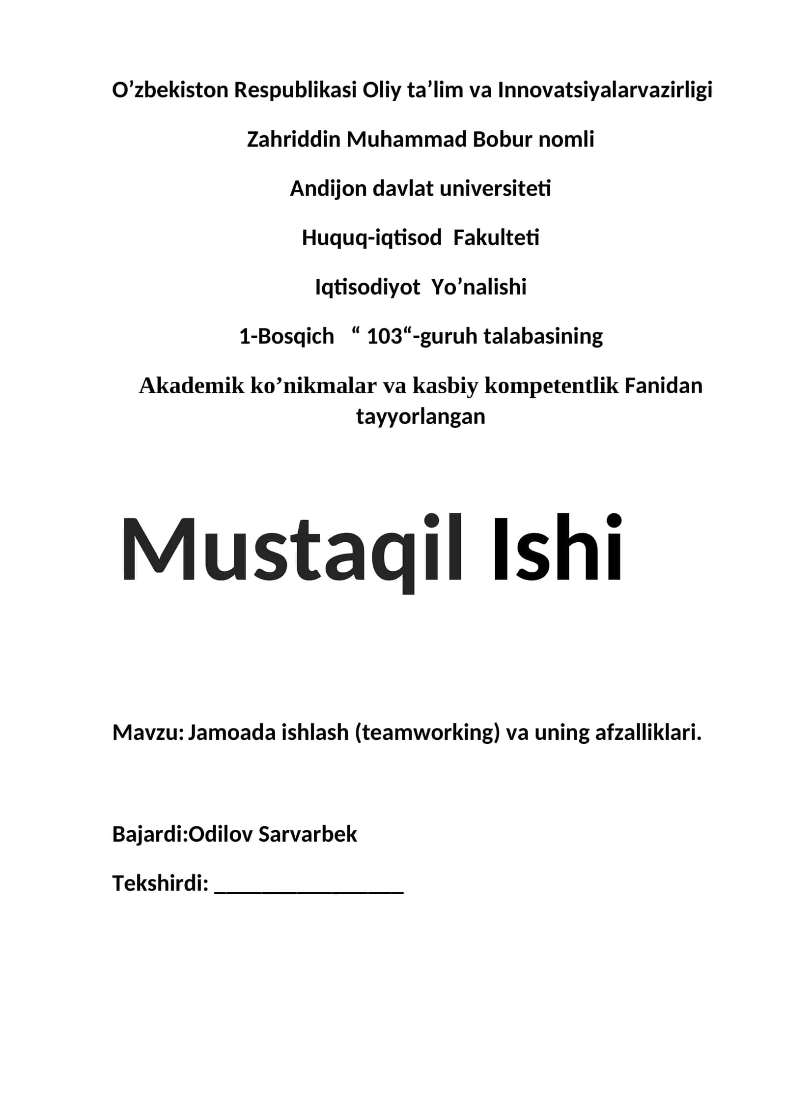 Jamoada ishlash (teamworking) va uning afzalliklari