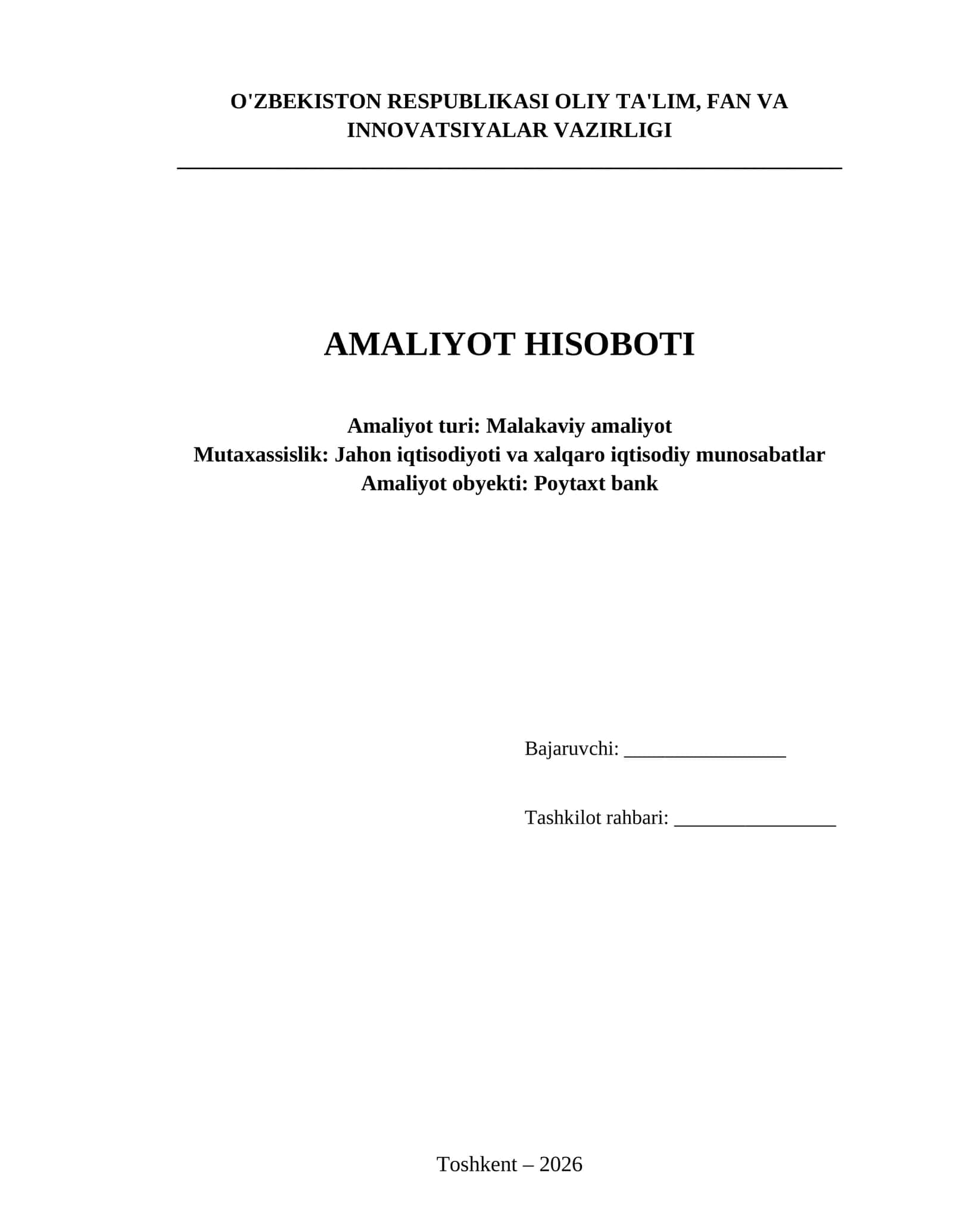 Tijorat banklarining xalqaro operatsiyalari, moliyaviy tahlil va xalqaro hisob-kitoblar tizimi (Poytaxt Bank AJ misolida)