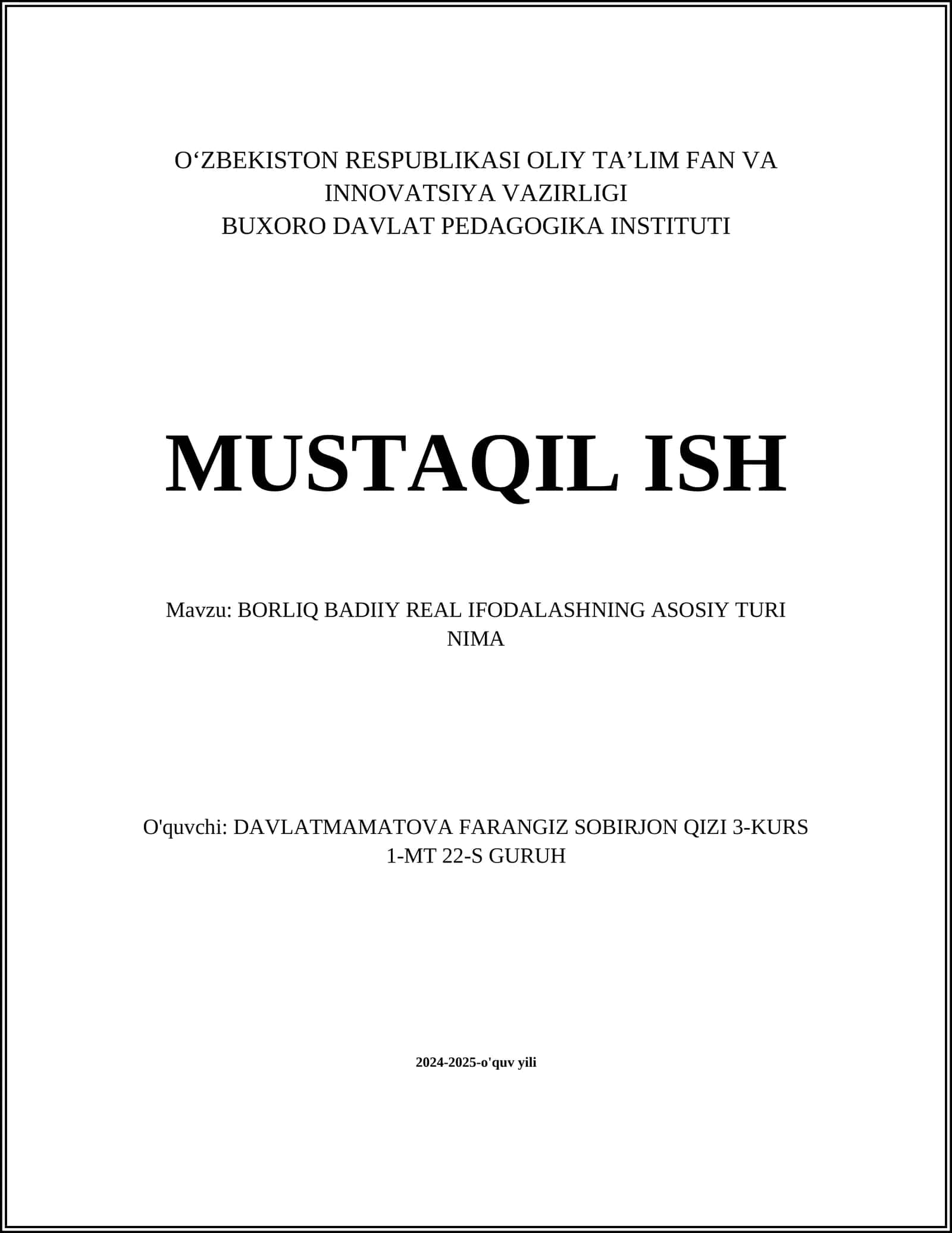 BORLIQ BADIIY REAL IFODALASHNING ASOSIY TURI NIMA