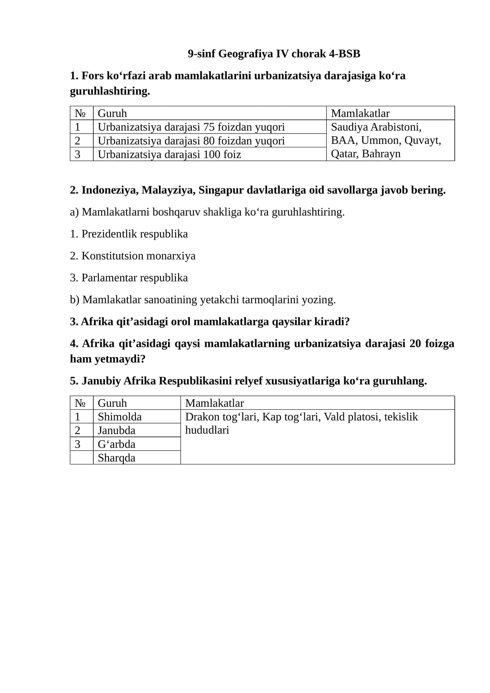 9-sinf Geografiya IV chorak 4-BSB