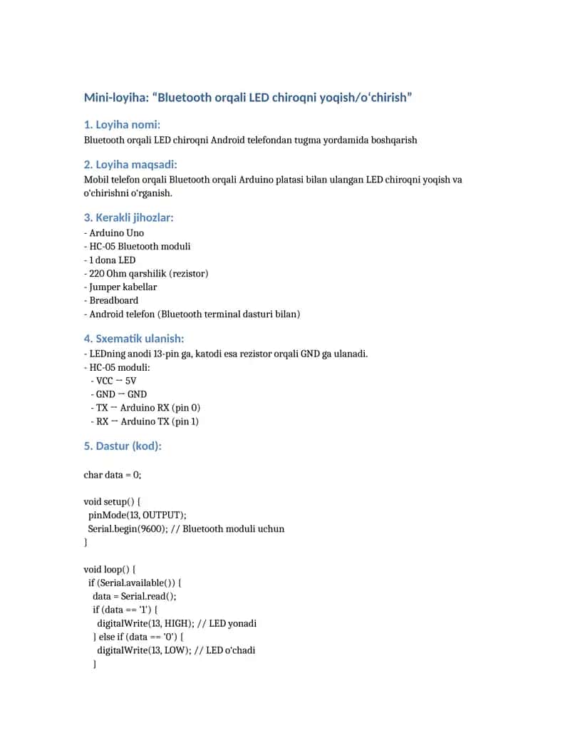 Bluetooth orqali LED chiroqni Android telefondan tugma yordamida boshqarish