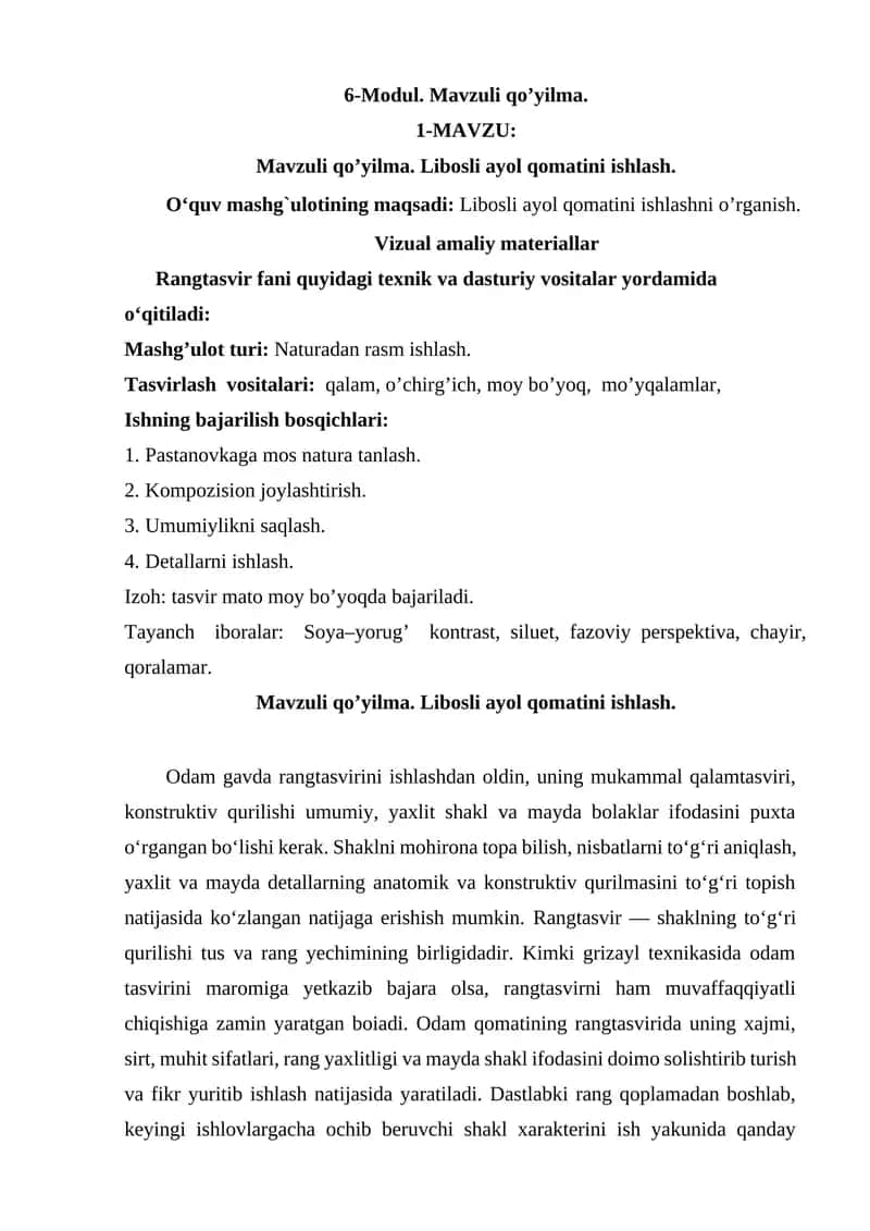Mavzuli qo’yilma. Libosli ayol qomatini ishlash