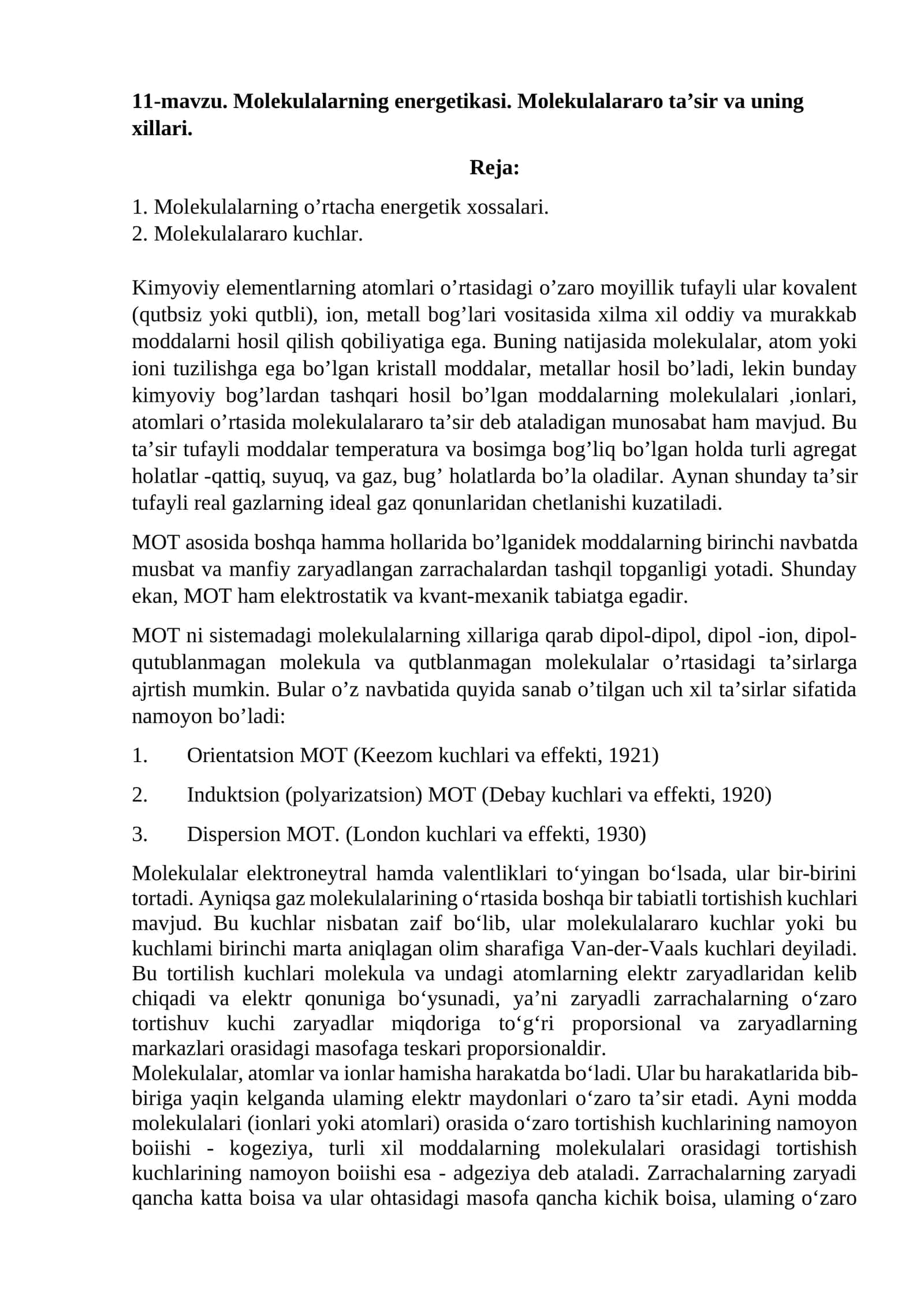 Molekulalarning energetikasi. Molekulalararo ta’sir va uning xillari