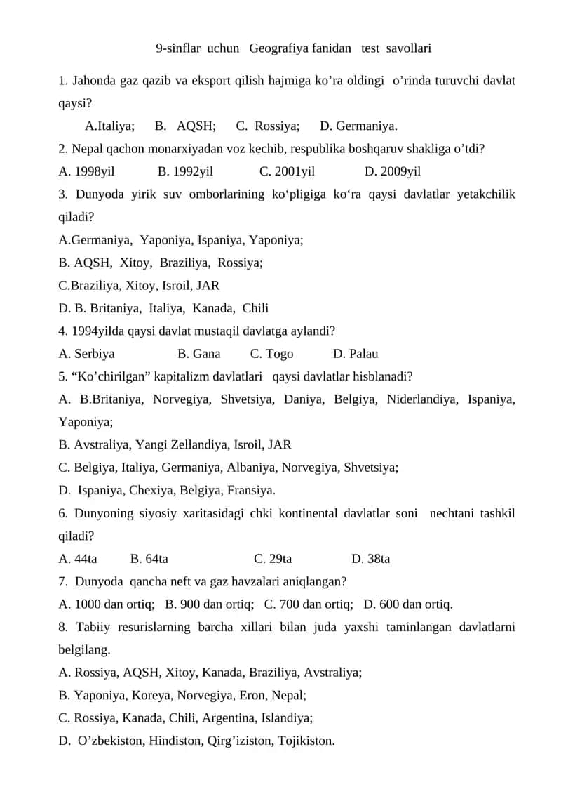 9-sinflar uchun Geografiya fanidan test savollari