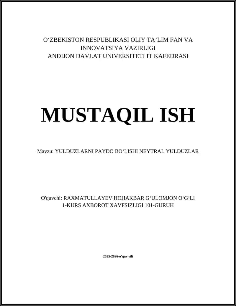 YULDUZLARNI PAYDO BOʻLISHI NEYTRAL YULDUZLAR
