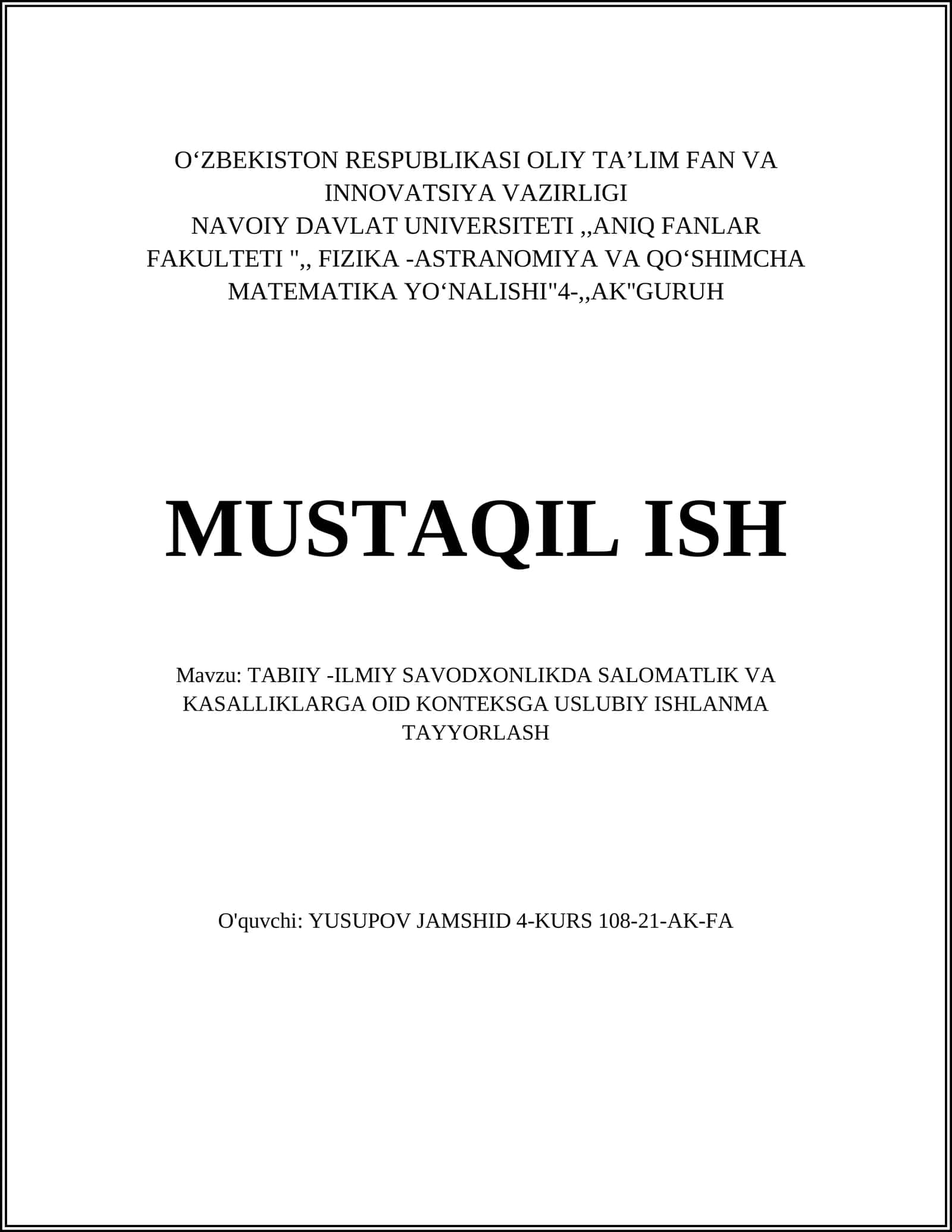 TABIIY -ILMIY SAVODXONLIKDA SALOMATLIK VA KASALLIKLARGA OID KONTEKSGA USLUBIY ISHLANMA TAYYORLASH