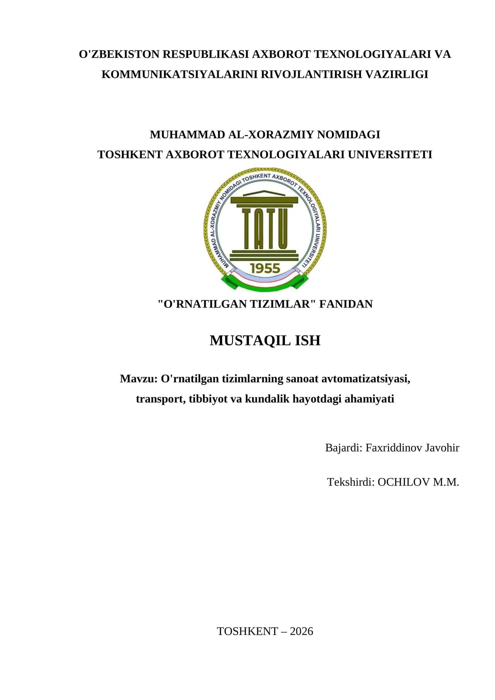 O'rnatilgan tizimlarning sanoat avtomatizatsiyasi
