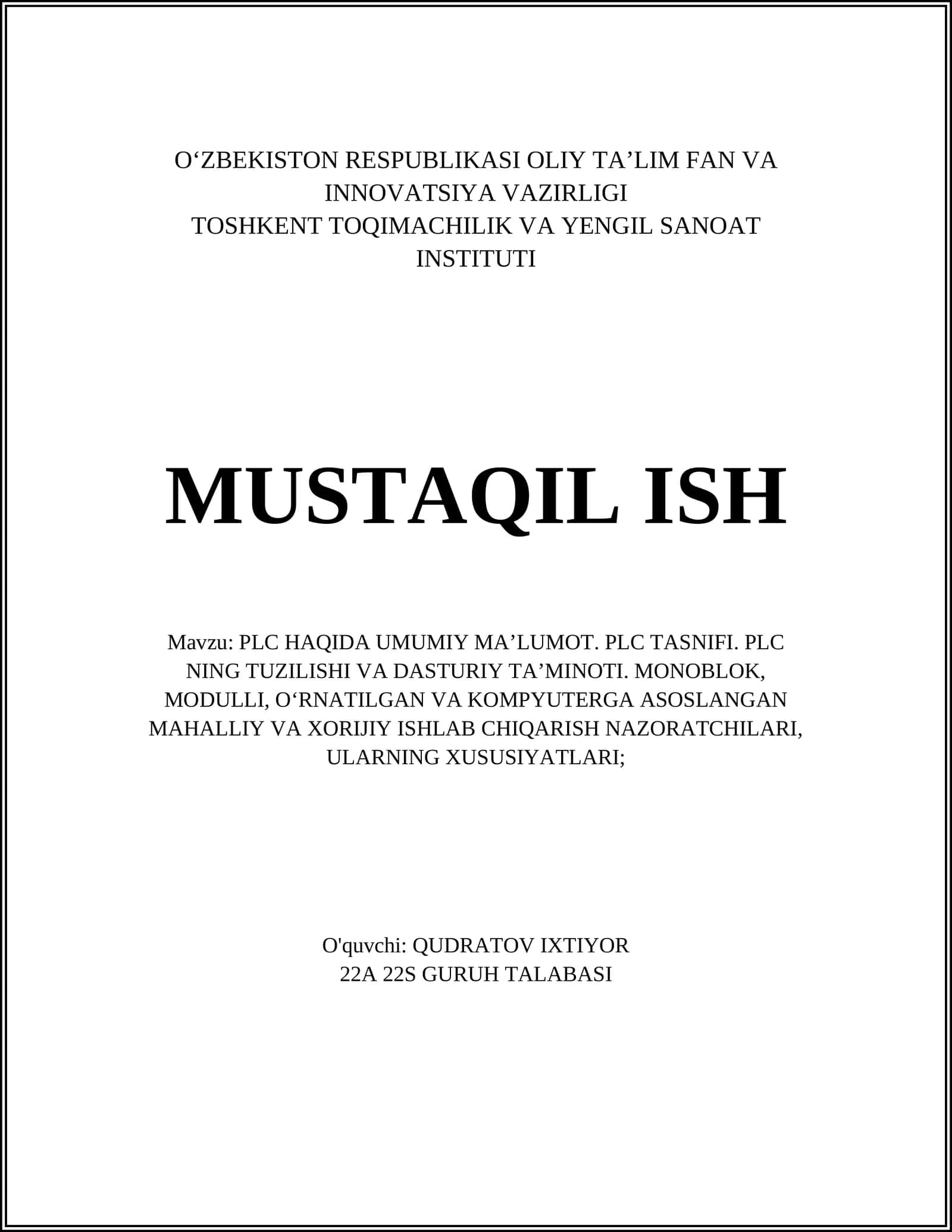 PLC HAQIDA UMUMIY MA’LUMOT