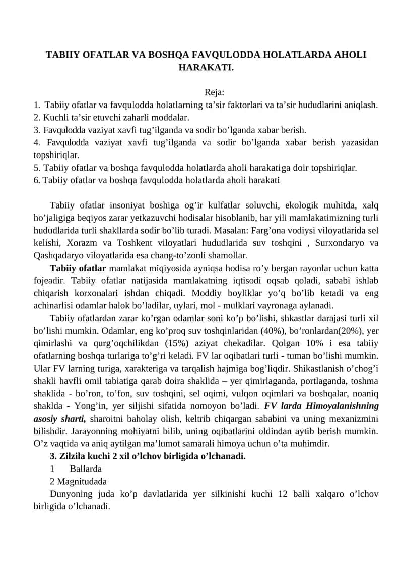 Tabiiy Ofatlar va Boshqa Favqulodda Holatlarda Aholi Harakati