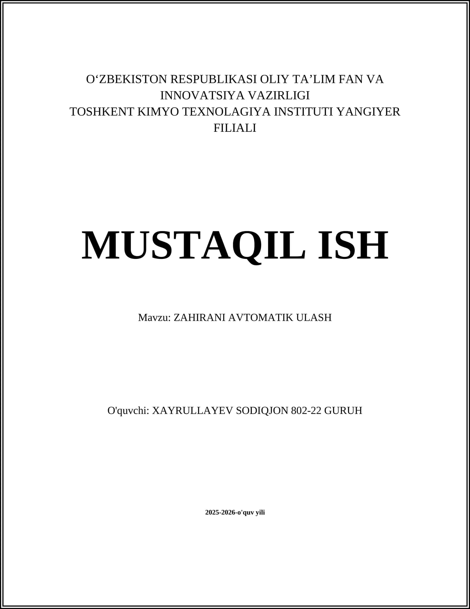 ZAHIRANI AVTOMATIK ULASH