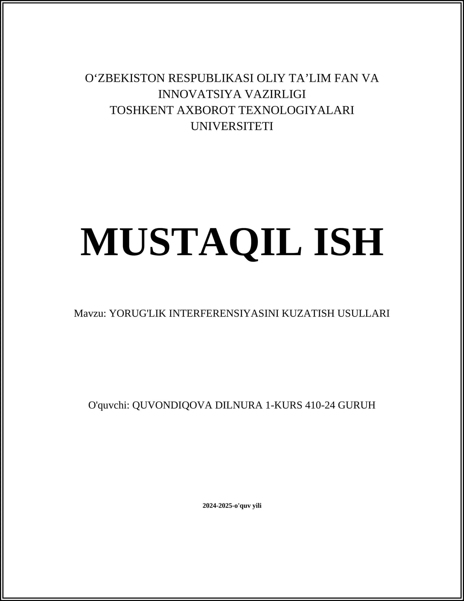 YORUG'LIK INTERFERENSIYASINI KUZATISH USULLARI