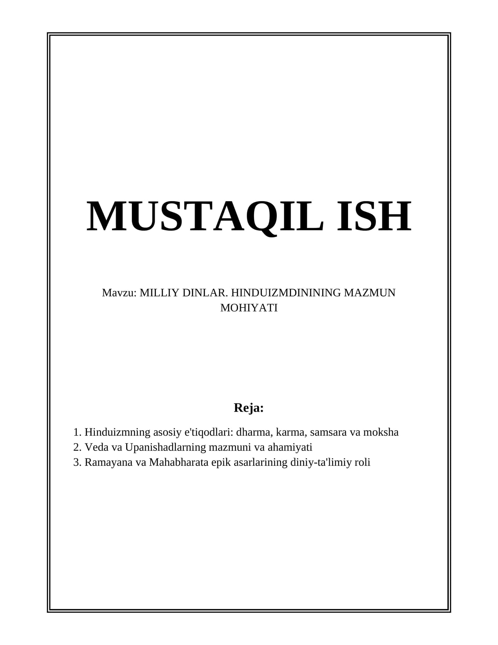 MILLIY DINLAR. HINDUIZMDININING MAZMUN MOHIYATI