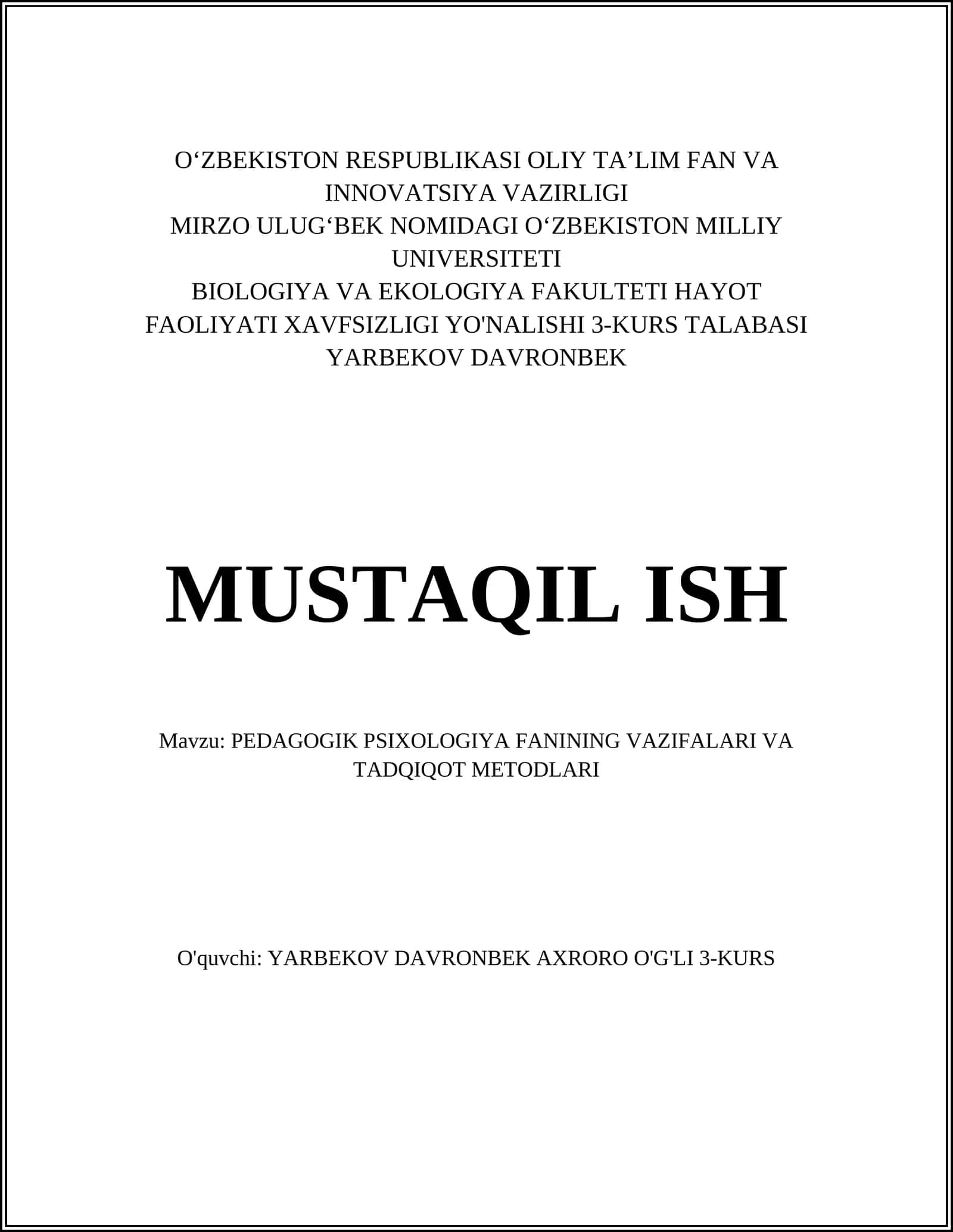 PЕDAGOGIK PSIXOLOGIYA FANINING VAZIFALARI VA TADQIQOT MЕTODLARI