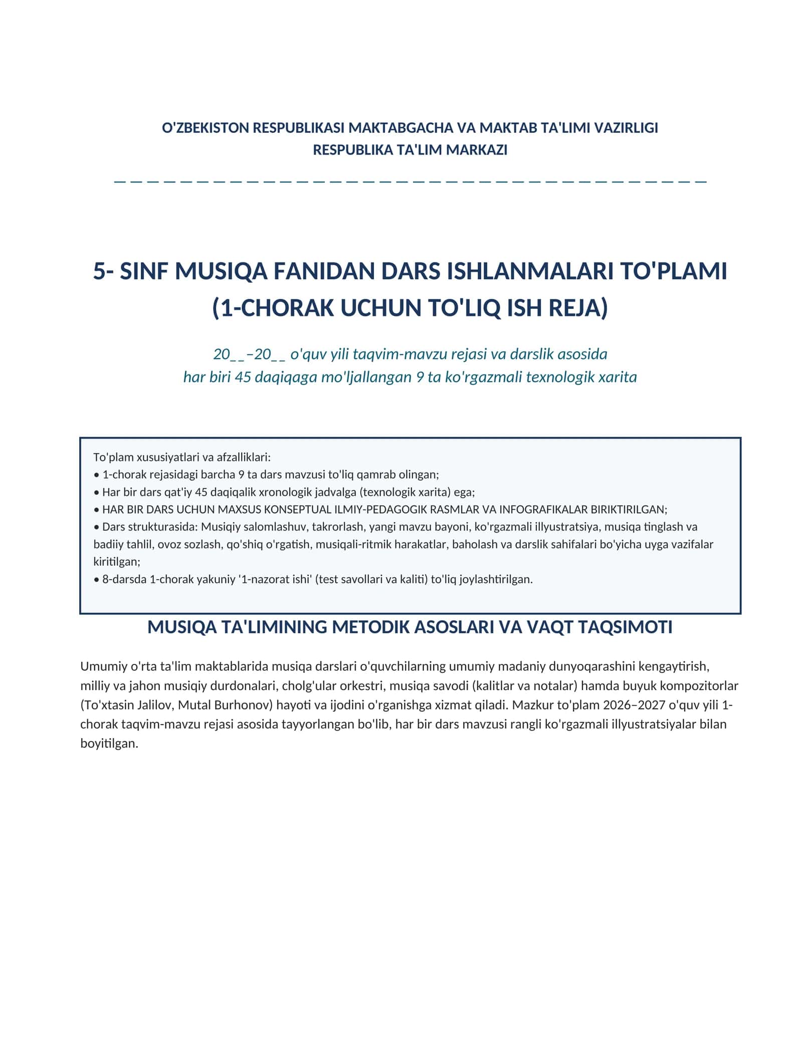 5-sinf Musiqa fanidan 1-chorak Dars ishlanmalari to'plami