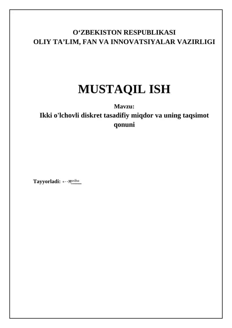 Ikki o'lchovli diskret tasadifiy miqdor va uning taqsimot qonuni