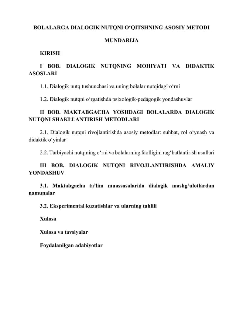BOLALARGA DIALOGIK NUTQNI OʻQITSHNING ASOSIY METODI