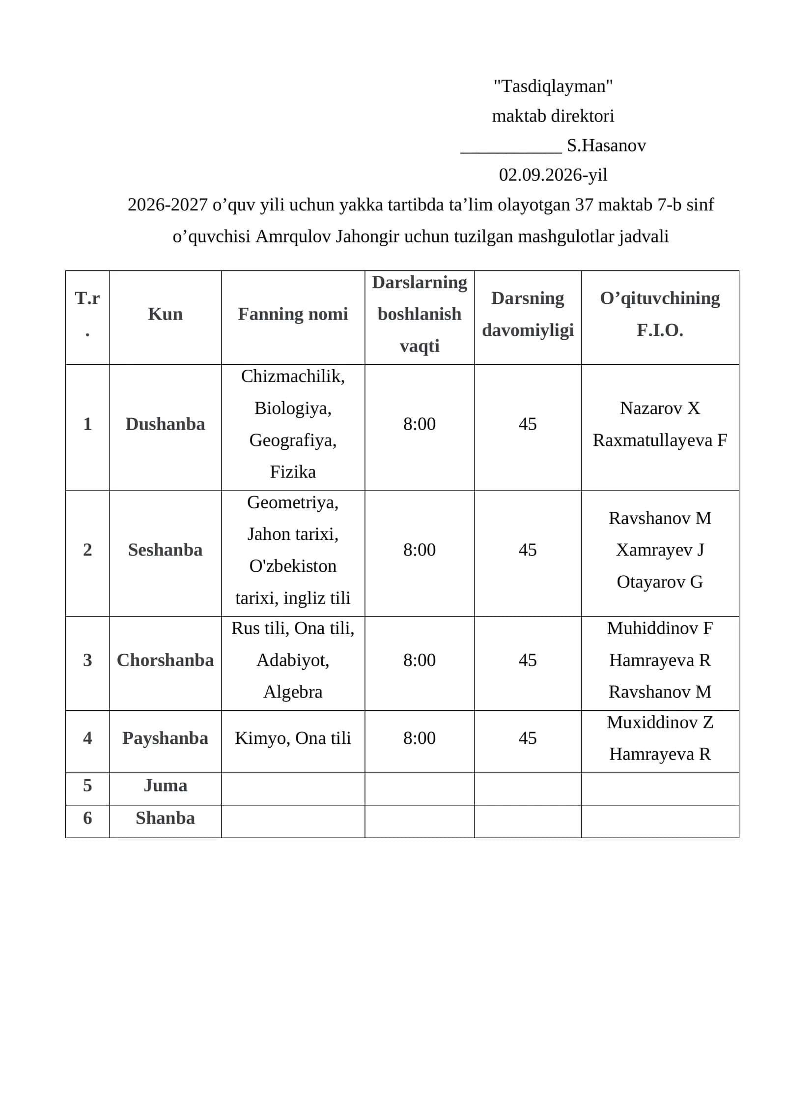 Amrqulov Jahongir Mashg'ulotlar Jadvali
