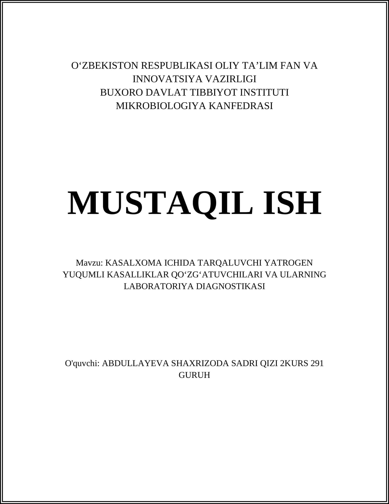KASALXOMA ICHIDA TARQALUVCHI YATROGEN YUQUMLI KASALLIKLAR QOʻZGʻATUVCHILARI VA ULARNING LABORATORIYA DIAGNOSTIKASI