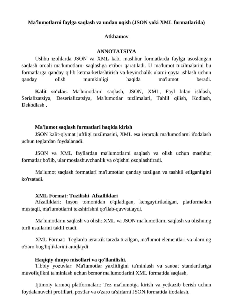 Ma'lumotlarni faylga saqlash va undan oqish (JSON yoki XML formatlarida)