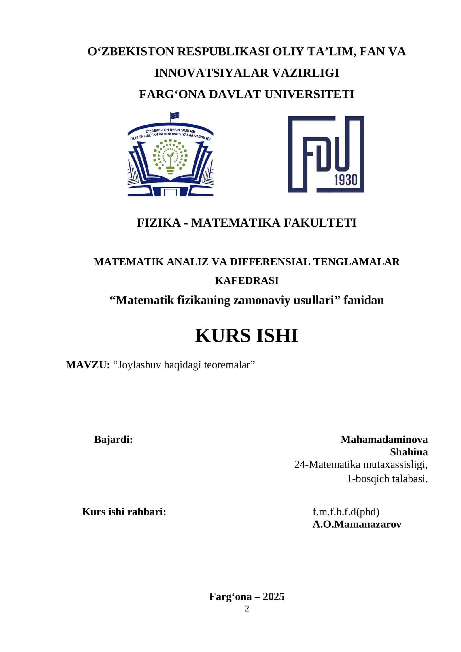 “Matematik fizikaning zamonaviy usullari”