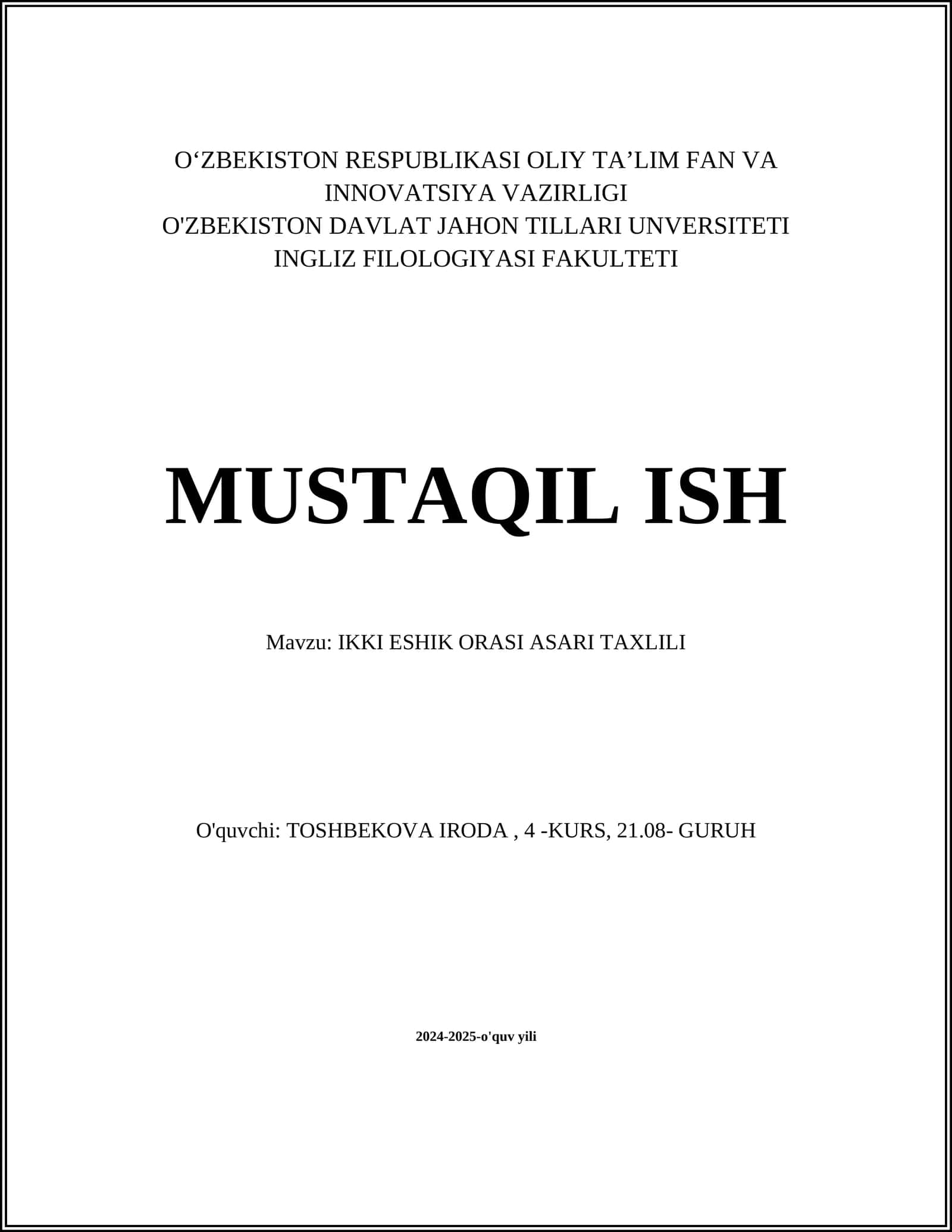 IKKI ESHIK ORASI ASARI TAXLILI