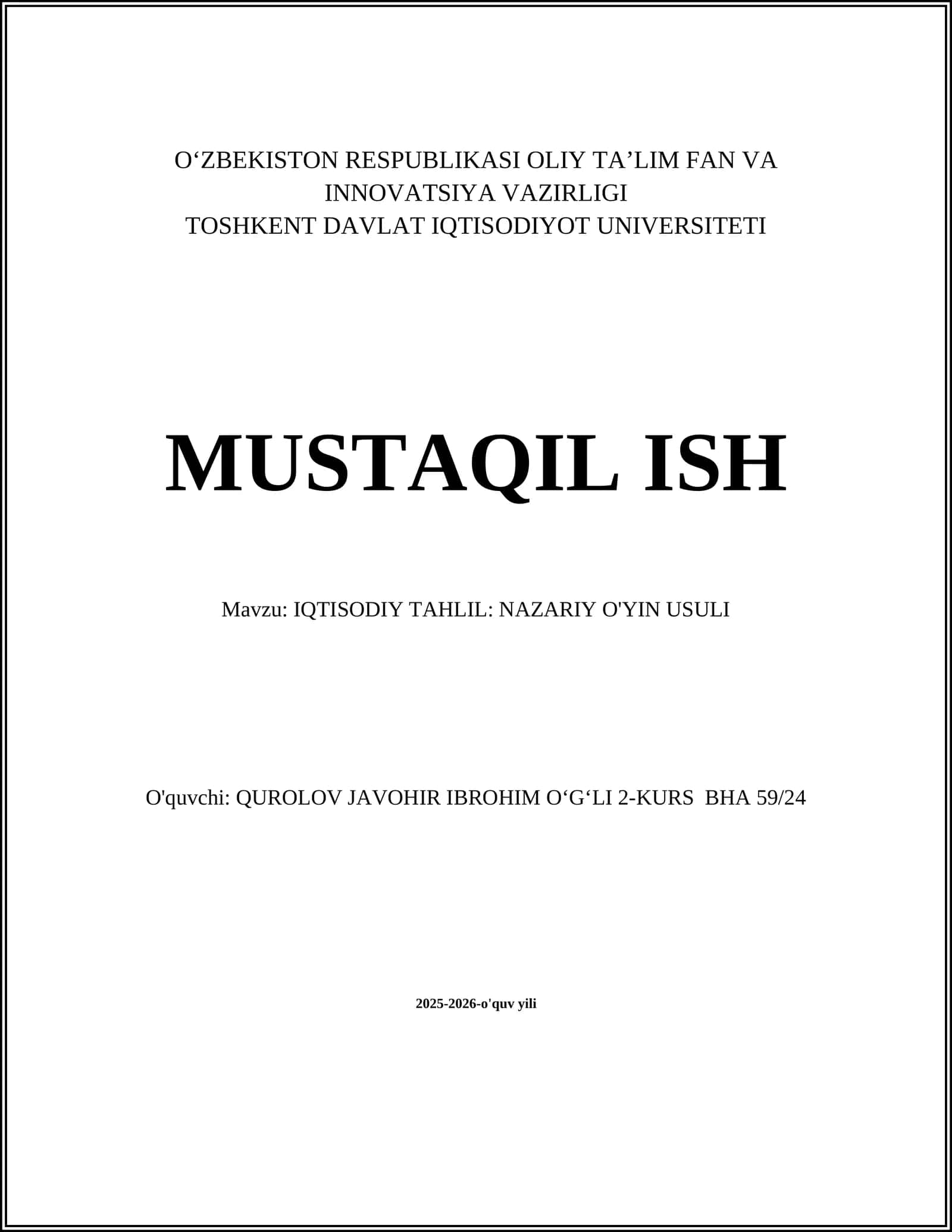 IQTISODIY TAHLIL: NAZARIY O'YIN USULI