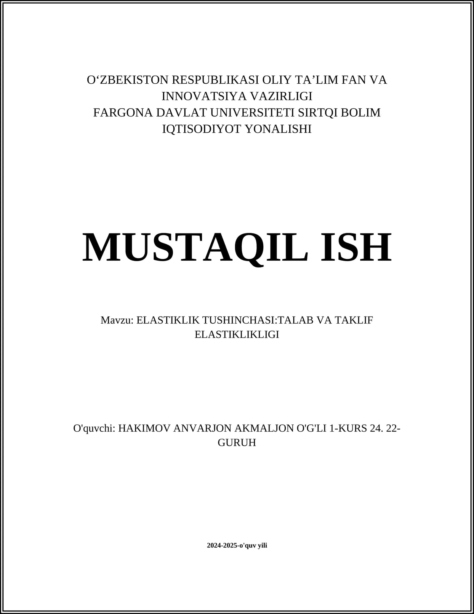 ELASTIKLIK TUSHINCHASI:TALAB VA TAKLIF ELASTIKLIKLIGI